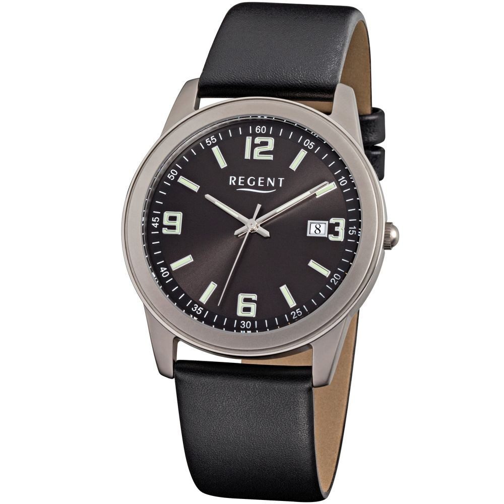 Regent Titanuhr REGENT Herren Armbanduhr F-845 schwarz D. 38 mm Lederband schwarz