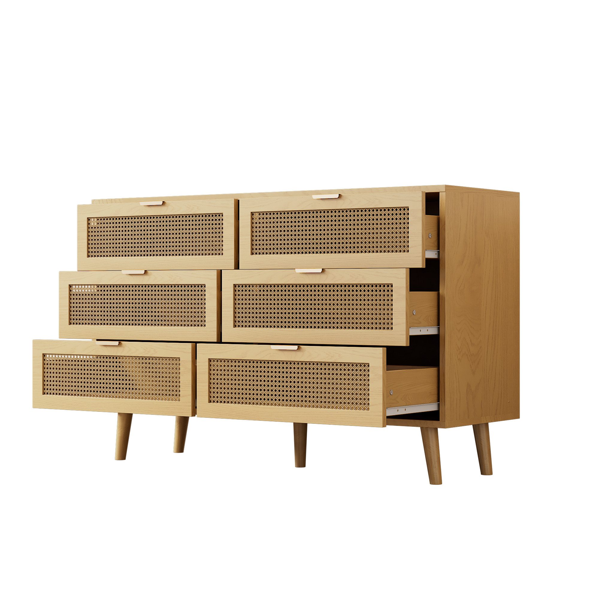 Flieks Kommode mit 6 Schubladen Rattan (B120/H76,5/T40 cm, 1 St), Sideboard Schubkastenkommode Aufbewahrungsschrank, Massivholzbeine – Bild 3 von 5