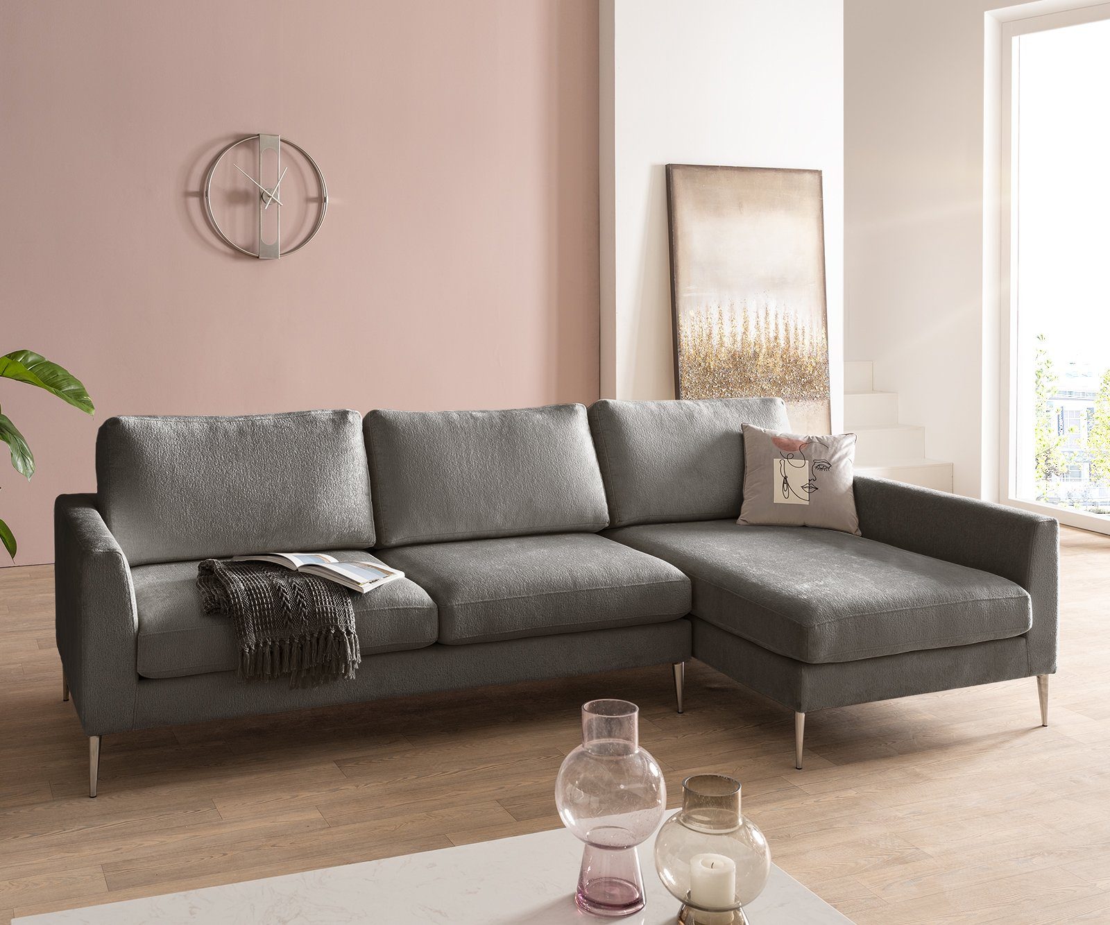 DELIFE Ecksofa Marla, ChenilleTaupe 285x140 cm Recamiere rechts Ecksofa