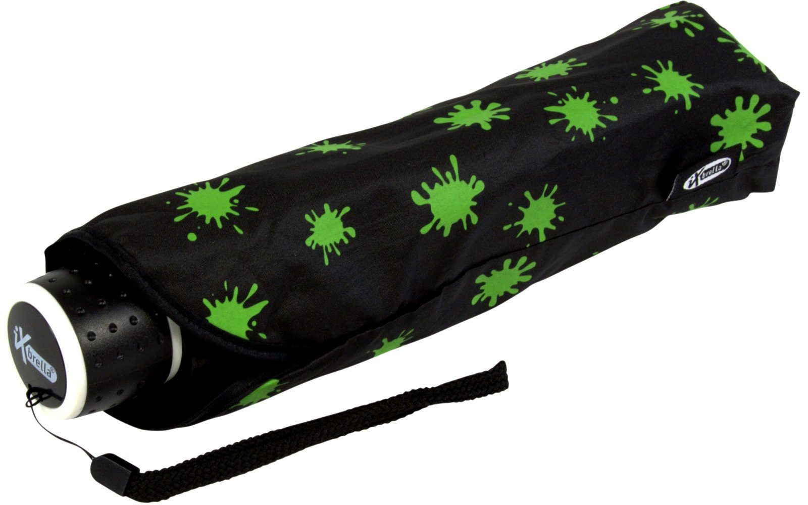 leicht, iX-brella - Mini Farbkleckse - - Farbänderung Ultra Taschenregenschirm bei extra Dach Nässe mit schwarz-weiß-neongrün neon-grün großem Light