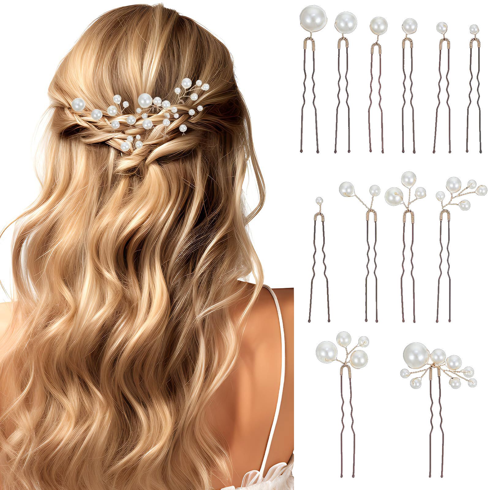 Oemmn Haarnadeln 12er Set Perlen Haarnadeln – Elegante U-förmige Braut Haaraccessoires, 12-tlg., für Hochzeit, Brautjungfern, Party & Abschlussball
