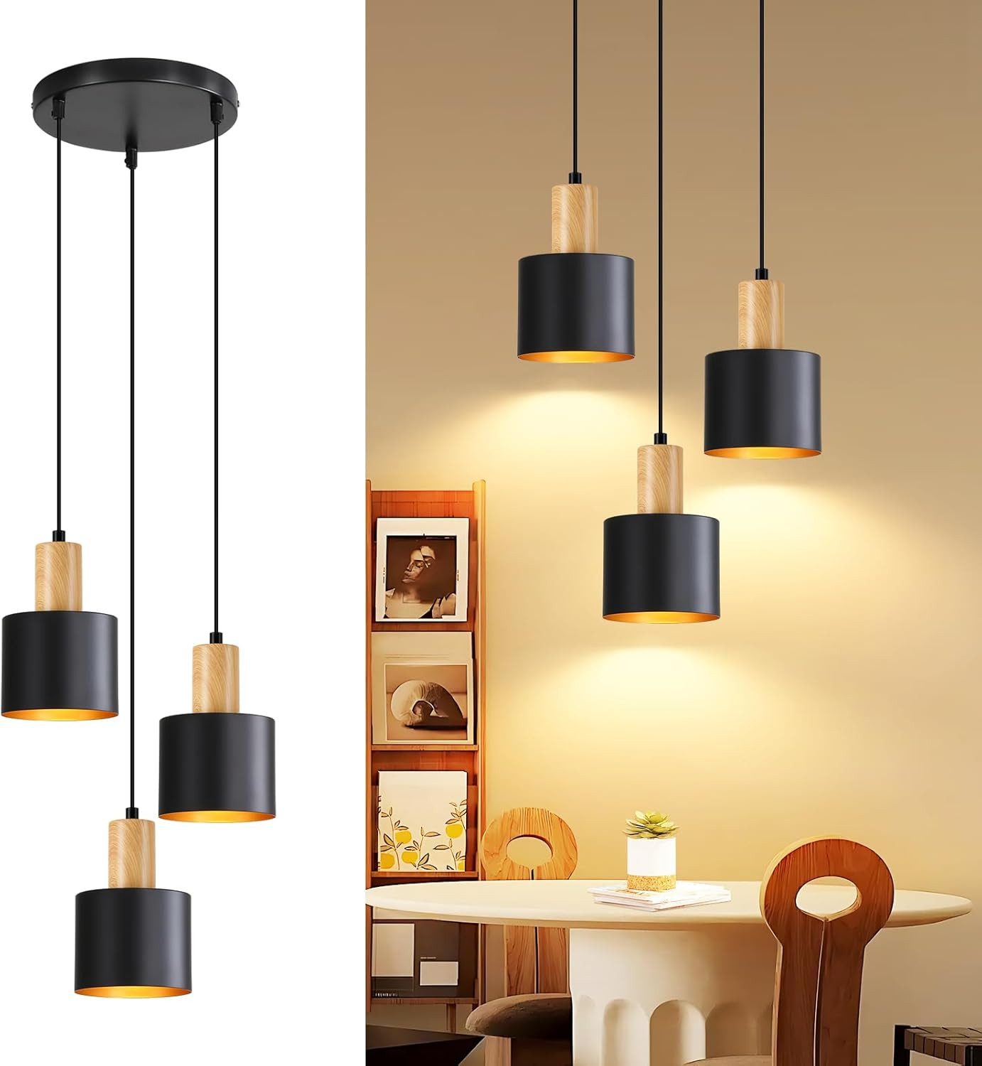 Nettlife Pendelleuchte Vintage Schwarz 1/2/3Flammige Hängeleuchte Höhenverstellbar E27, Höhenverstellbar, ohne Leuchtmittel, für Esstisch & Kücheninsel 22 x 22 x 173 cm