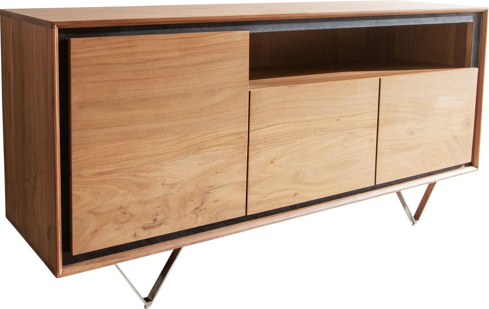 DELIFE Sideboard Stonegrace, Akazie Natur 145 cm 3 Türen 1 Fach Steinfurnier V-Fuß Sideboard