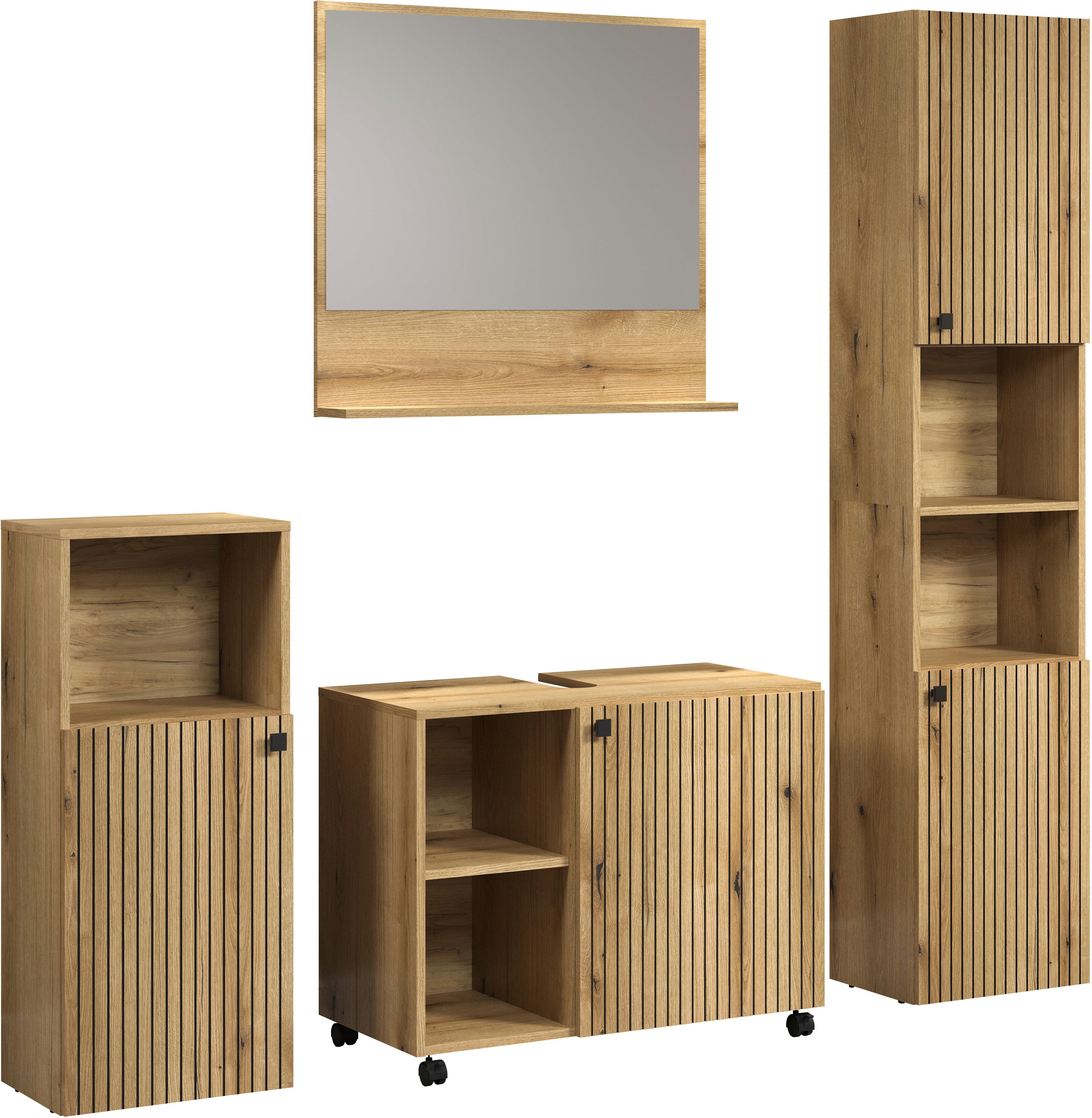 welltime Badmöbel-Set Amrum Waschbeckenunterschrank Spiegel Hochschrank Badschrank, (Komplett-Set, 4-St), 4-teiliges Badmöbel-Set Eiche Rillenoptik - Maße (B/T/ – Bild 5 von 5