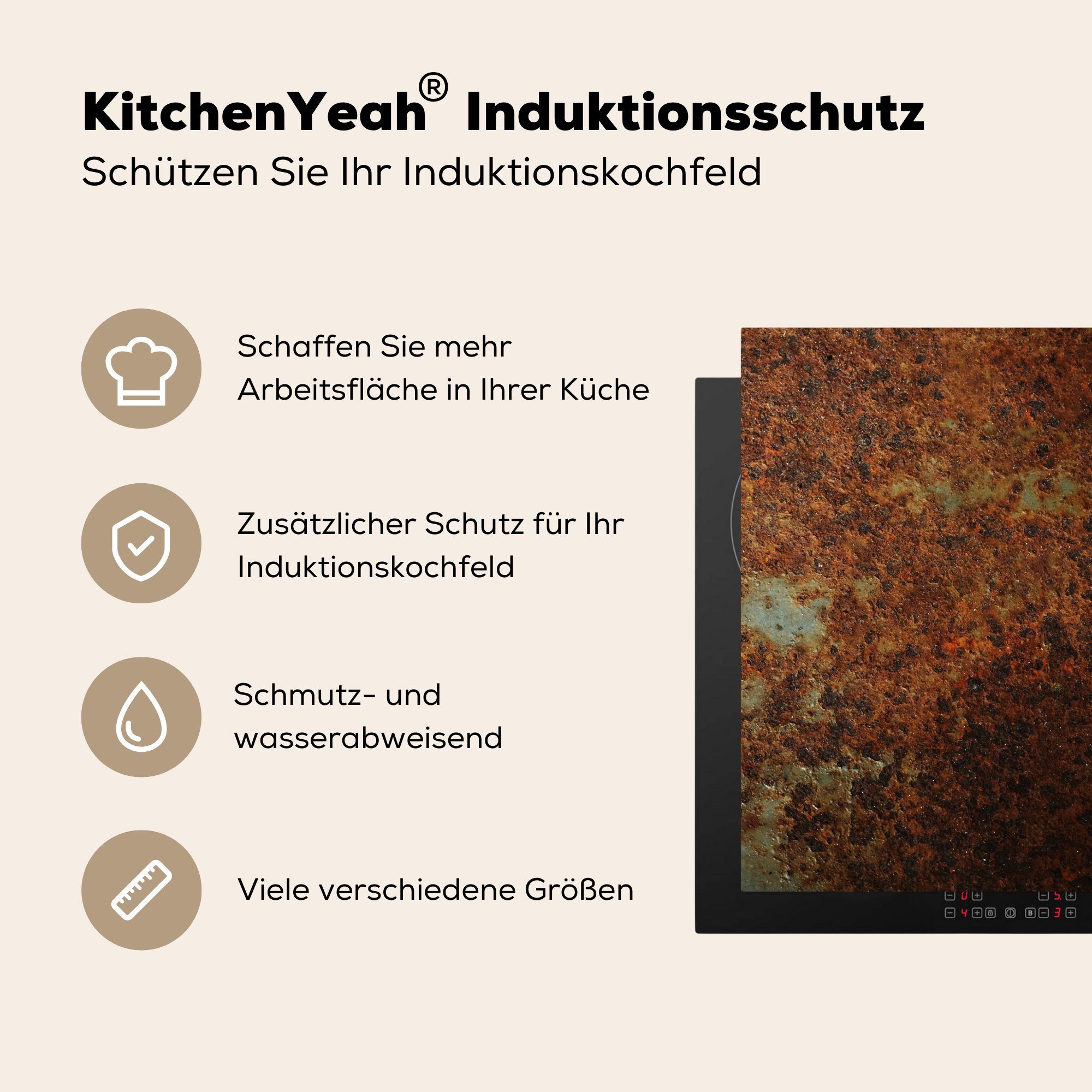 78x78 für Vinyl, - tlg), Rost Ceranfeldabdeckung, MuchoWow (1 küche Vintage Herdblende-/Abdeckplatte Stahl, cm, - Arbeitsplatte