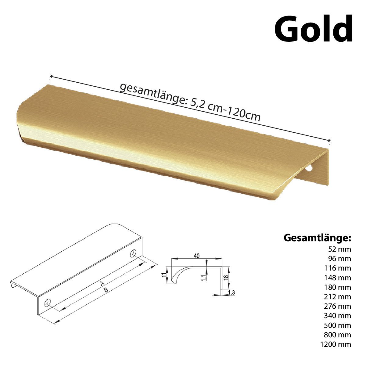 Prima-Online Möbelgriff Möbelgriff Griffleiste Aluminium Gold gebürstet 52-1200mm Küchengriff