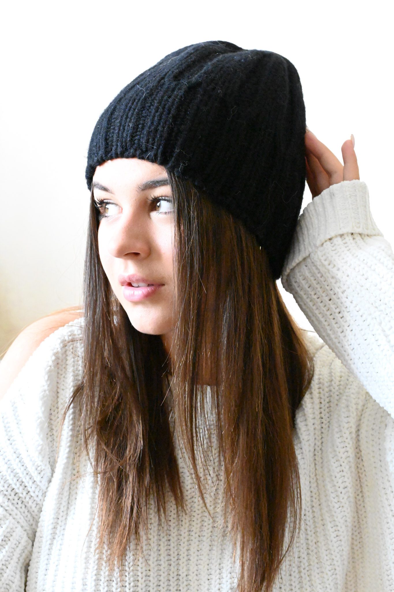 Runde Perlé Beanie weiche dünne Mütze aus 100% Merinowolle schwarz Wintermü günstig online kaufen