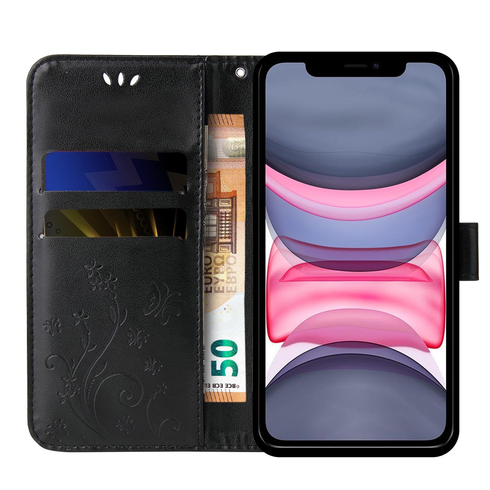 Tec-Expert Handyhülle Cover Tasche Hülle für Apple iPhone 11 6,1 Zoll, Klapphülle Case mit Kartenfach Fliphülle aufstellbar, Motiv Blumen