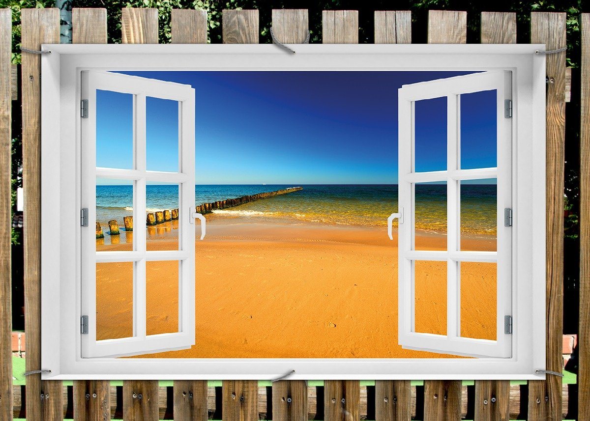 Thumbnail - Wallario Sichtschutzzaunmatten Sandstrand in orange - Blaues Meer - Blauer Himmel, mit Fenster-Illusion