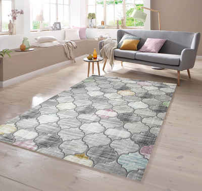 Teppich Designer Teppich Marokkanisches Muster in Grau Lila Senfgelb, TeppichHome24, rechteckig
