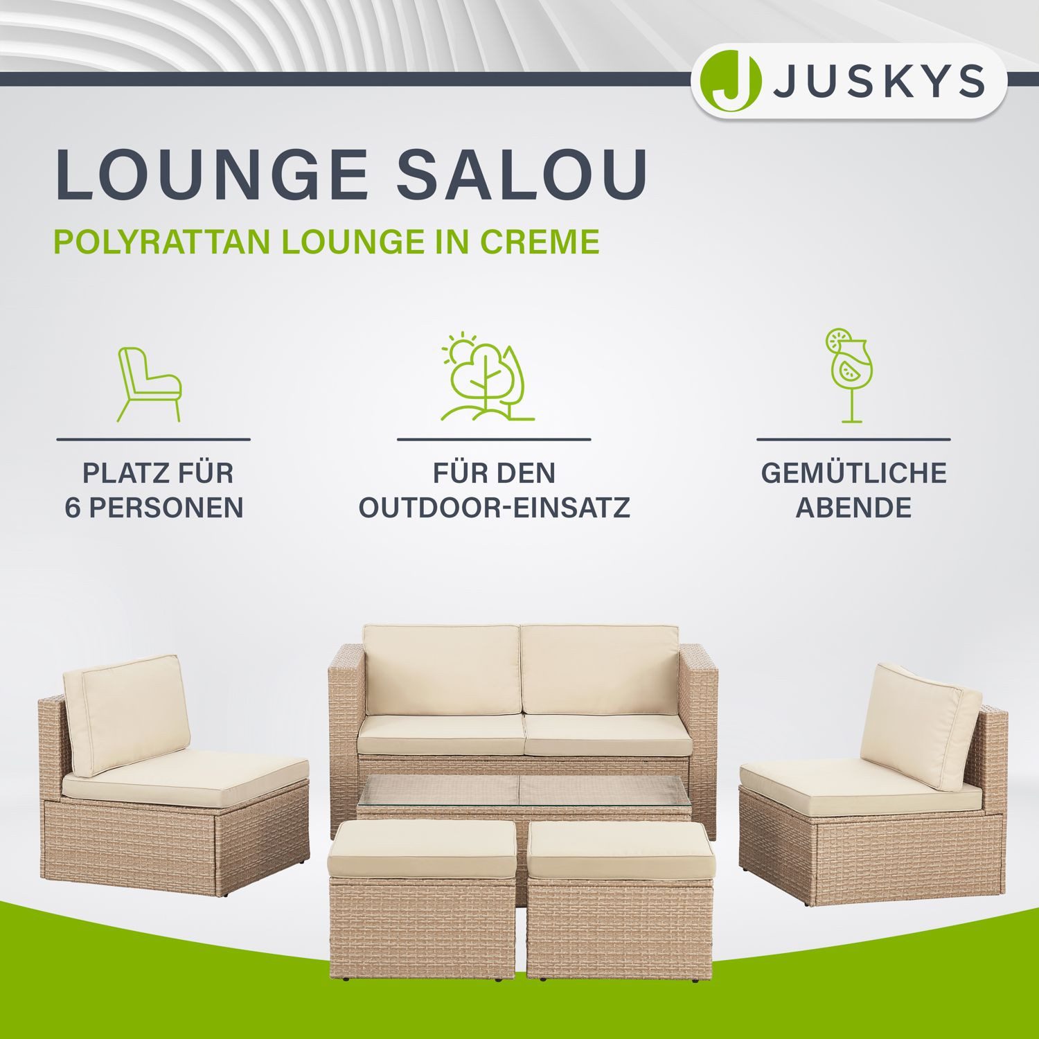 Juskys Gartenlounge-Set Salou, (6-tlg), für 6 Personen, Polyrattan, Glasplatte, wetterfest, mit Kissen
