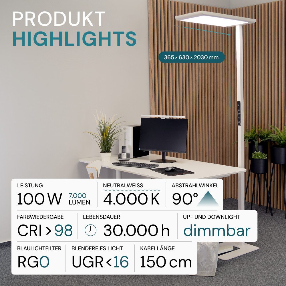 LUXULA LED Stehlampe Bürostehleuchte Up- Downlight, LED fest integriert, 4000K Neutralweiß, Augenschonend UGR16 CRI98