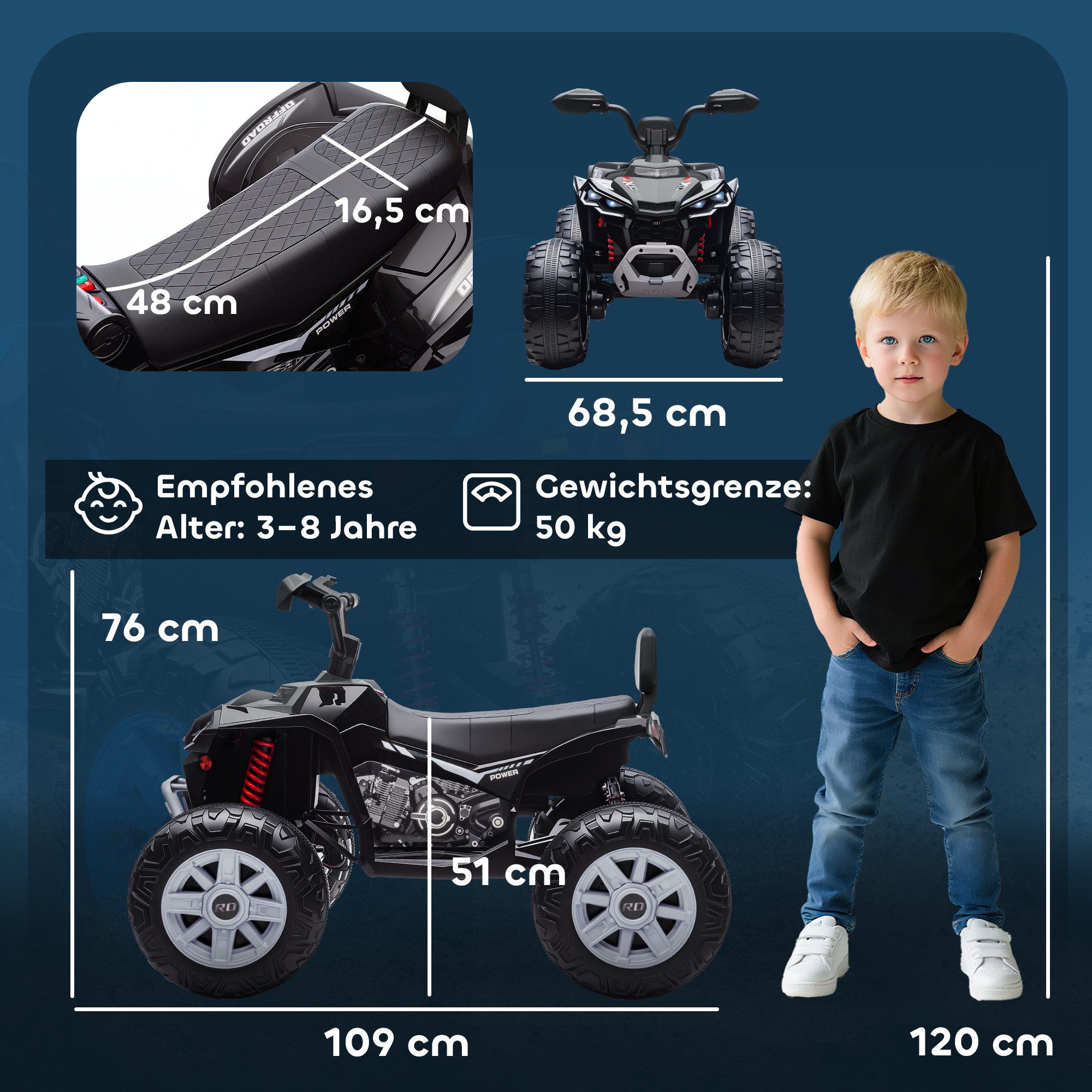 AIYAPLAY Elektro-Kinderquad 24V Elektro-Fahrzeug, 6,5 km/h Geschwindigkeit, Belastbarkeit 50 kg, (1-tlg), für 3-8 Jahre, Schwarz