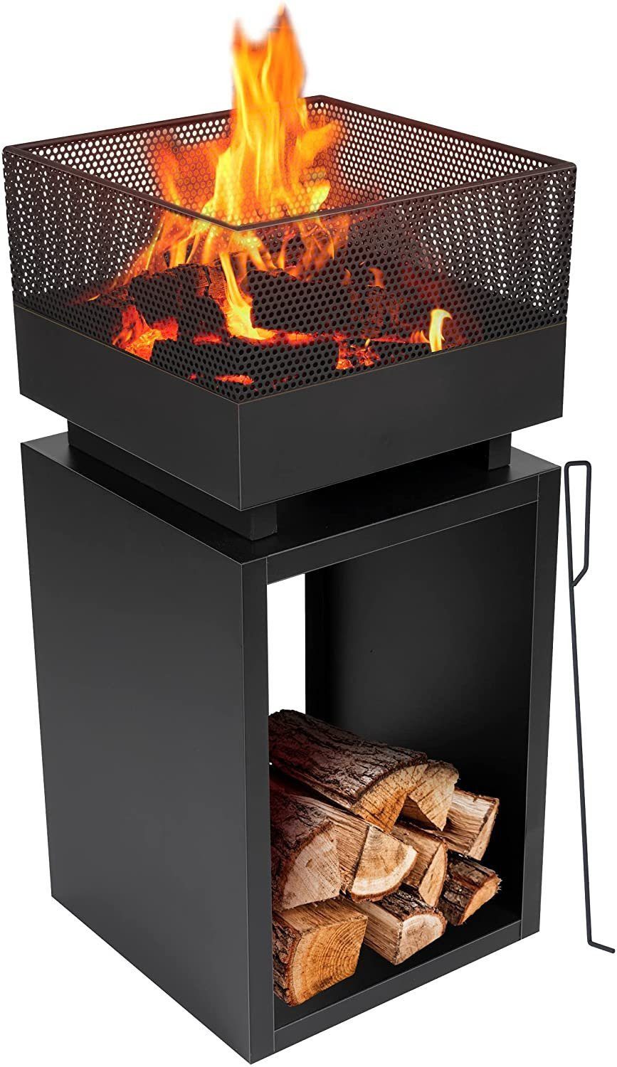 RESCH Feuerkorb BBQ Collection Outdoor Feuerkorb mit Funkenschutz, Gartenkamin Kamin, (Outdoor geeignet Lounge, Terrasse, Veranda, Garten, Balkon, Wintergarten, Ablage für Holz, quadratisch, 39x39x85cm, Feuerfest, tolle Atmosphäre), Terassenofen Terassenkamin Feuerstelle Außenkamin Gartenkamin