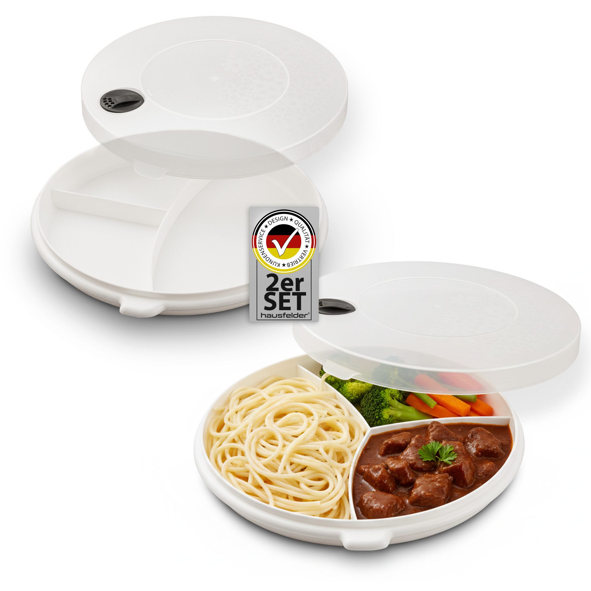 Hausfelder Mikrowellenteller Mikrowellenteller mit Deckel (2er Set), für Temperaturen von - 20°C bis + 100°C geeignet, mit Dampfventil