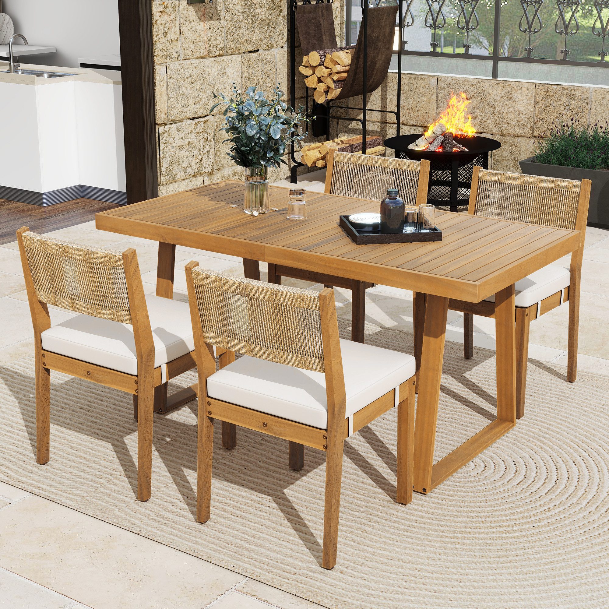 Flieks Sitzgruppe, Polyrattan Tisch- und Stuhlset Gartenmöbel Essgruppe Stuhl*4 & Tisch*1