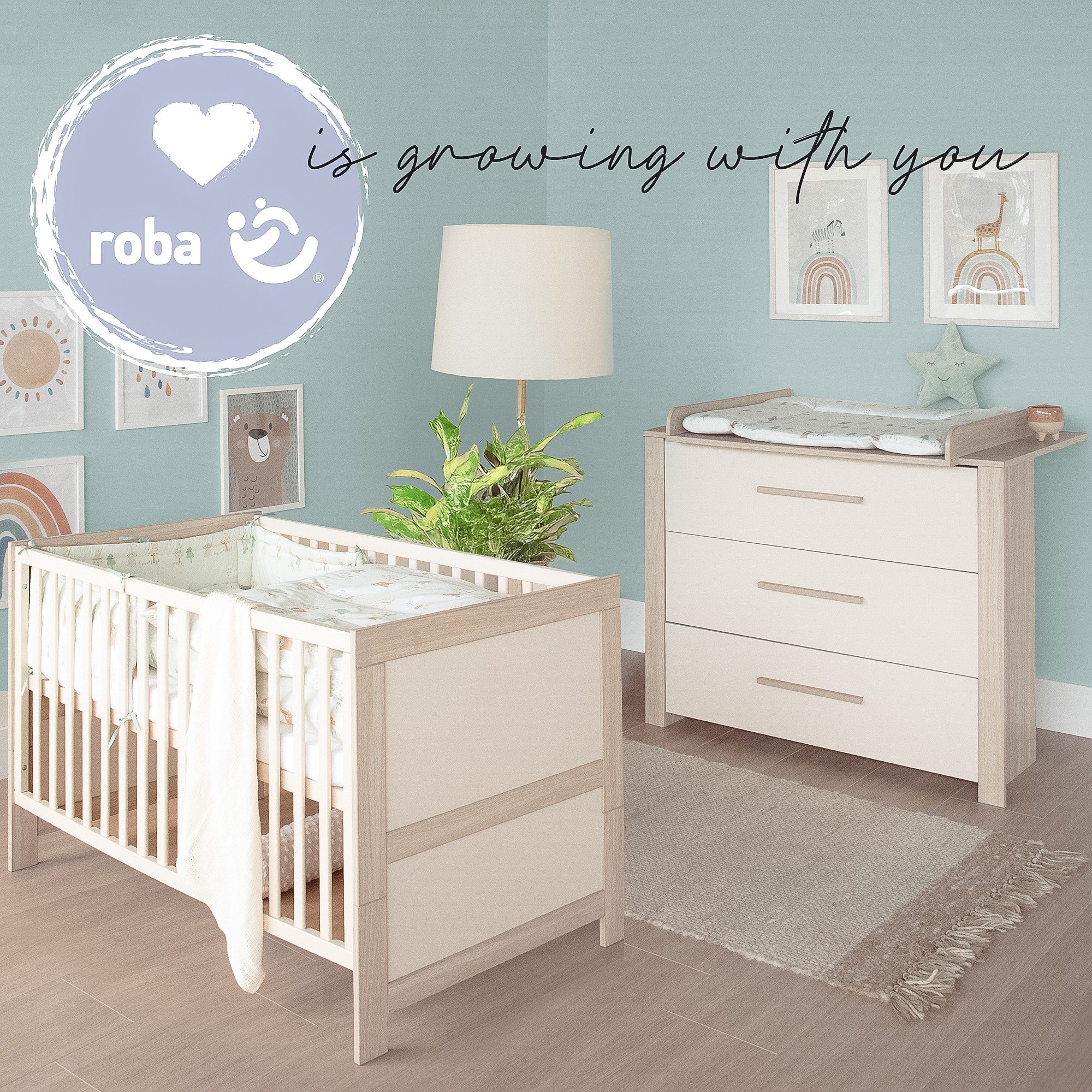 roba® Babymöbel-Set Momo - Zimmer Set aus Holz - Cashmere / Tristan Eiche, (Set 2-tlg., Babybett 70 x 140 cm & Wickelkommode), Gitterbett mit Schlupfsprossen & höhenverstellbar - modern in Beige