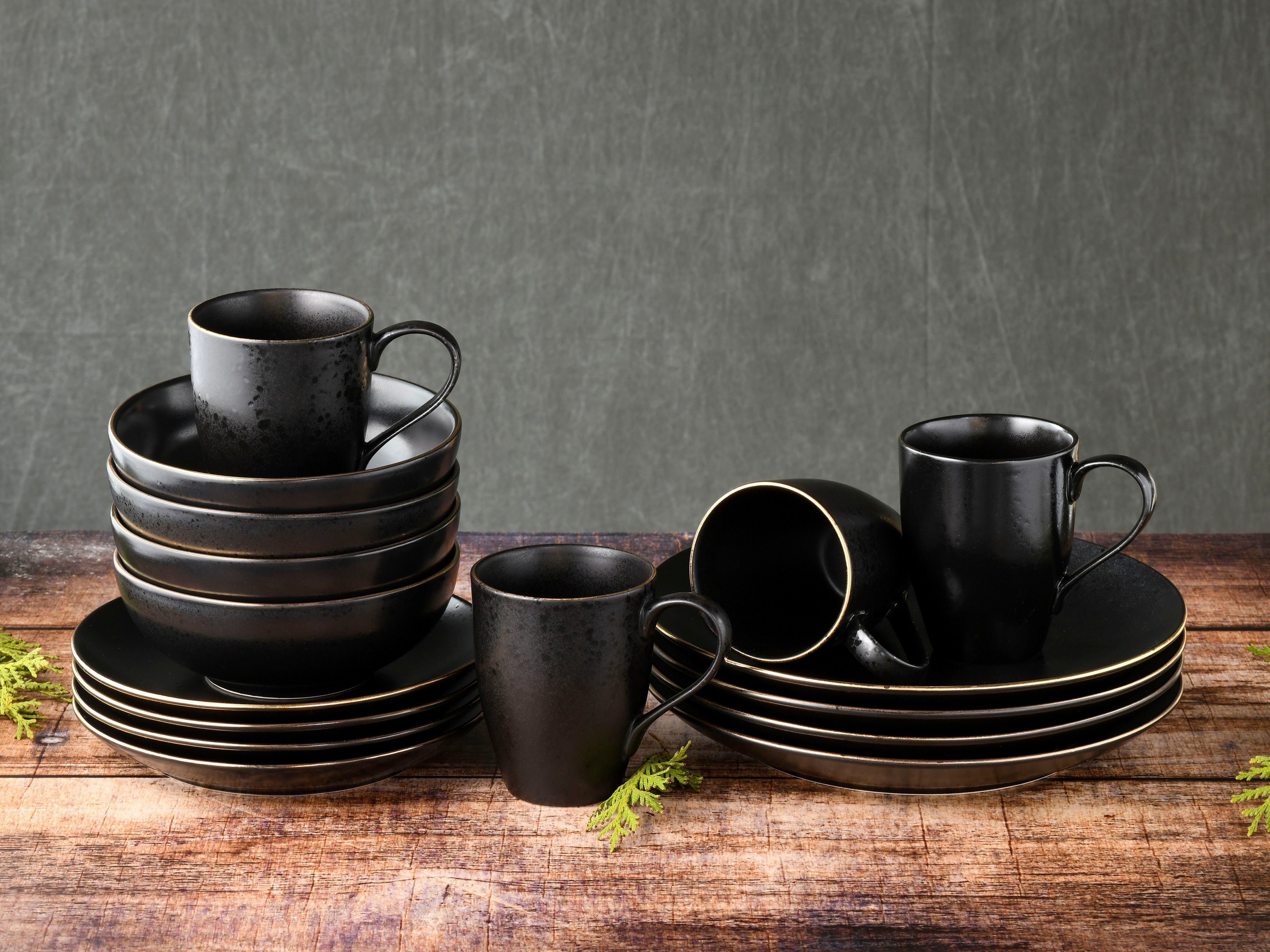 CreaTable Kombiservice Geschirr-Set Industrial (16-tlg), 4 Personen, Steinzeug, Service, schwarze, Goldrand, 16 Teile, für 4 Personen – Bild 4 von 5