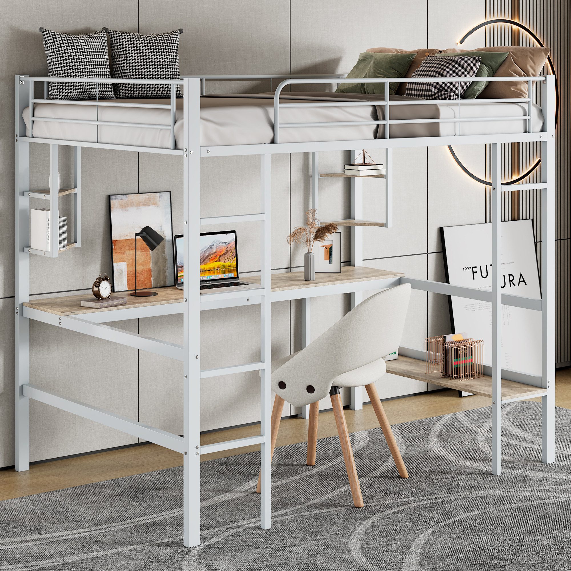 MODFU Hochbett Metallbett mit Geländer (Jugendbett, Stockbett, mit Schreibtisch & Regal, 90x200cm) ohne Matratze