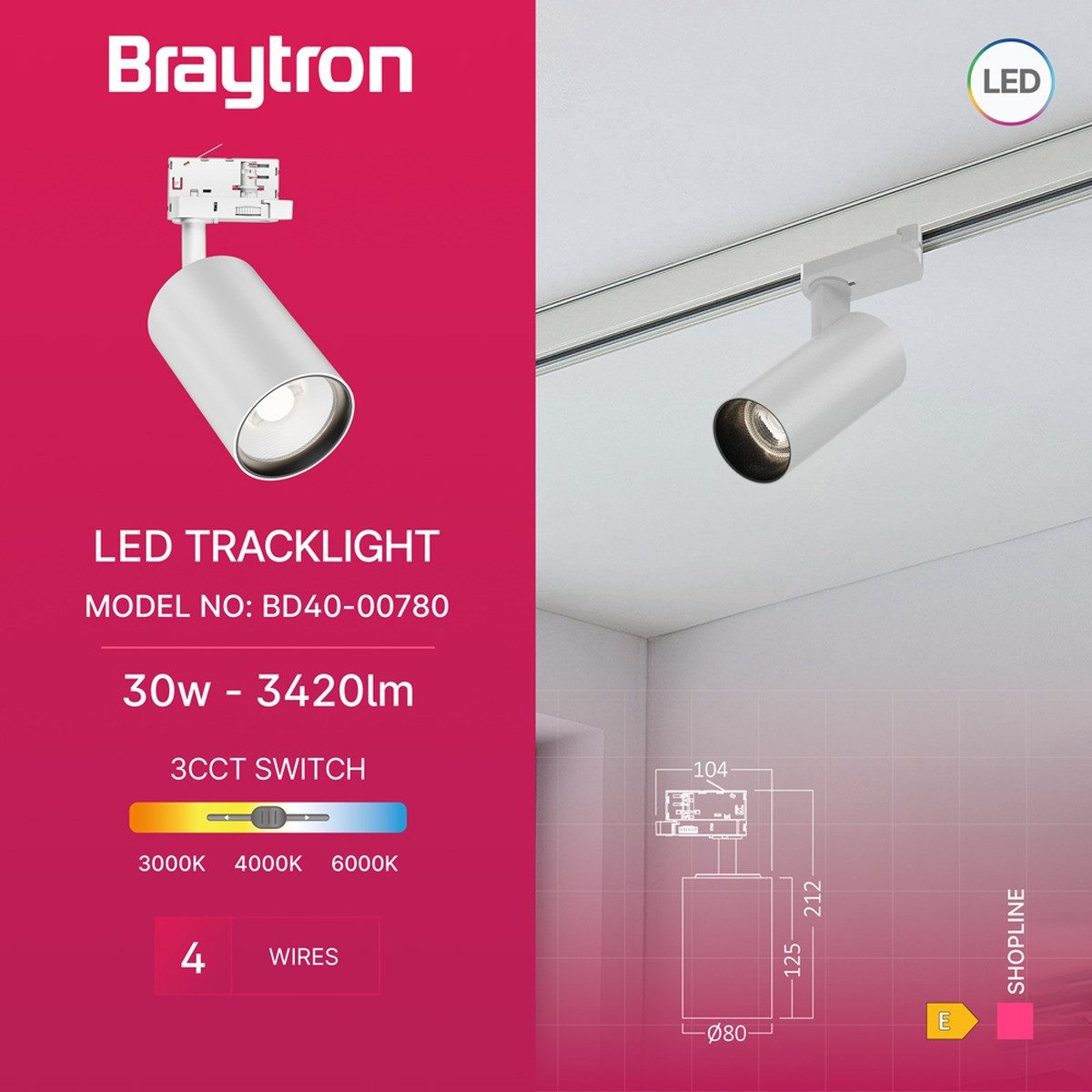 Braytron Schienensystem-Leuchten 3-Phasen LED-Schienenstrahler 30W – 3CCT für flexible Beleuchtung, LED fest integriert, Neutralweiß, Kaltweiß, Warmweiß, Schwenkbar, Drehbar, 3CCT
