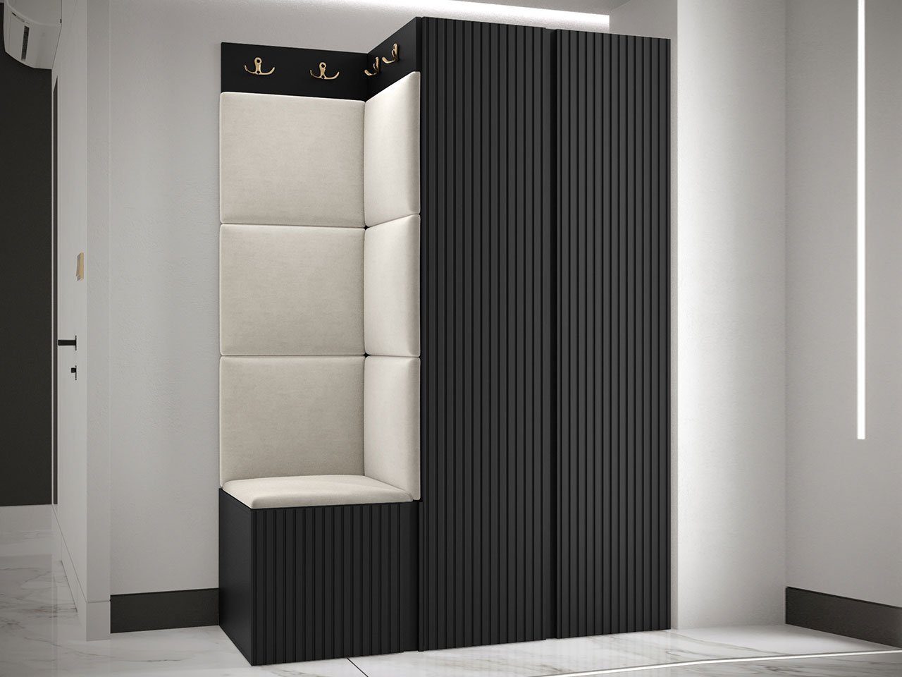 MIRJAN24 Garderoben-Set Orion Ryfel Slim XXIII, (Kleiderschrank, Schuhschrank, Kleiderhakenbrett, 7x Paneel 42x42), 8 Kleiderhaken für Kleidung, Metallgriffe
