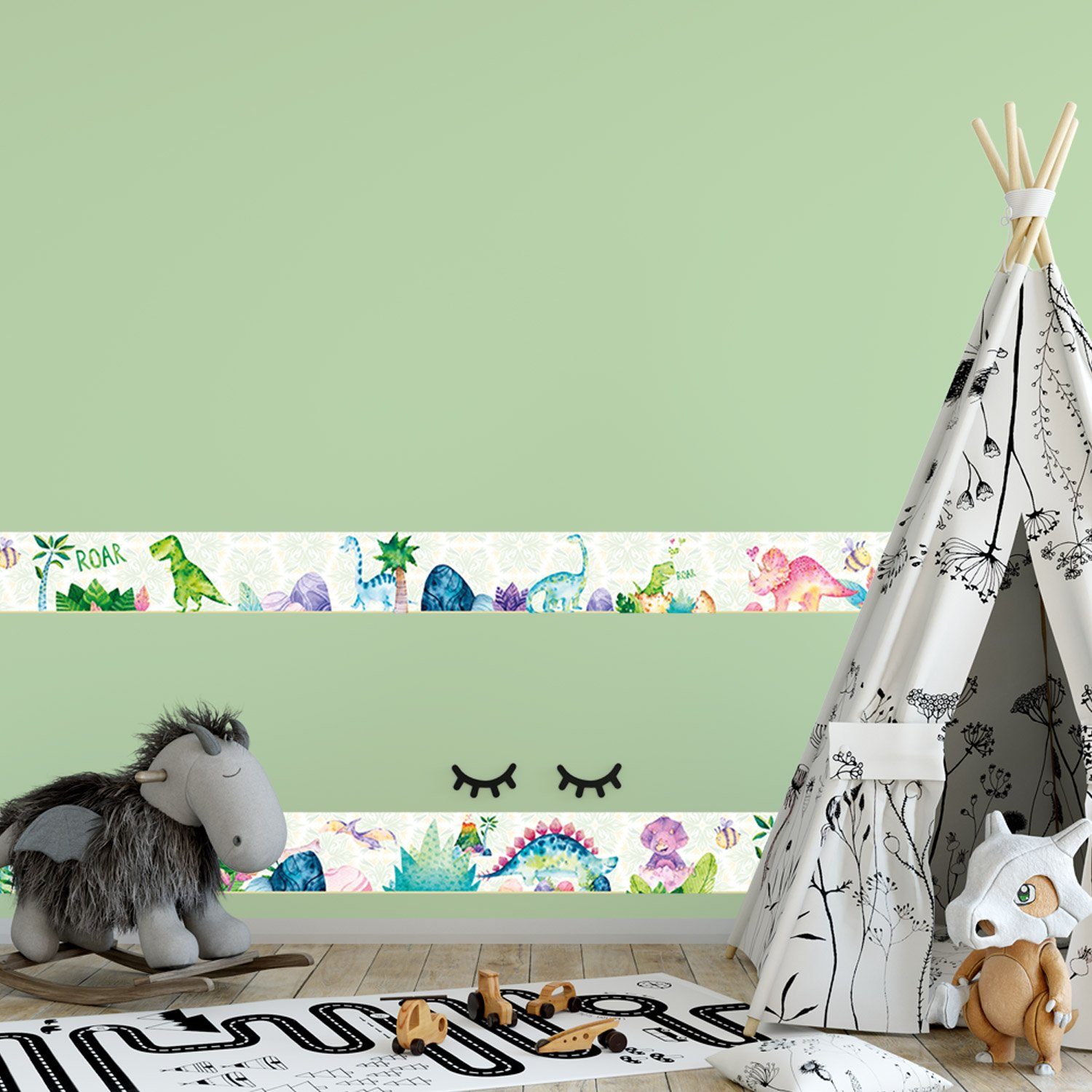 Sunnywall Bordüre Dino Kids (Bordüre - 400 cm), Comic, botanisch, Dinosaurier, Dino, (1 St), hochwertige 200 g/m² Vliestapete