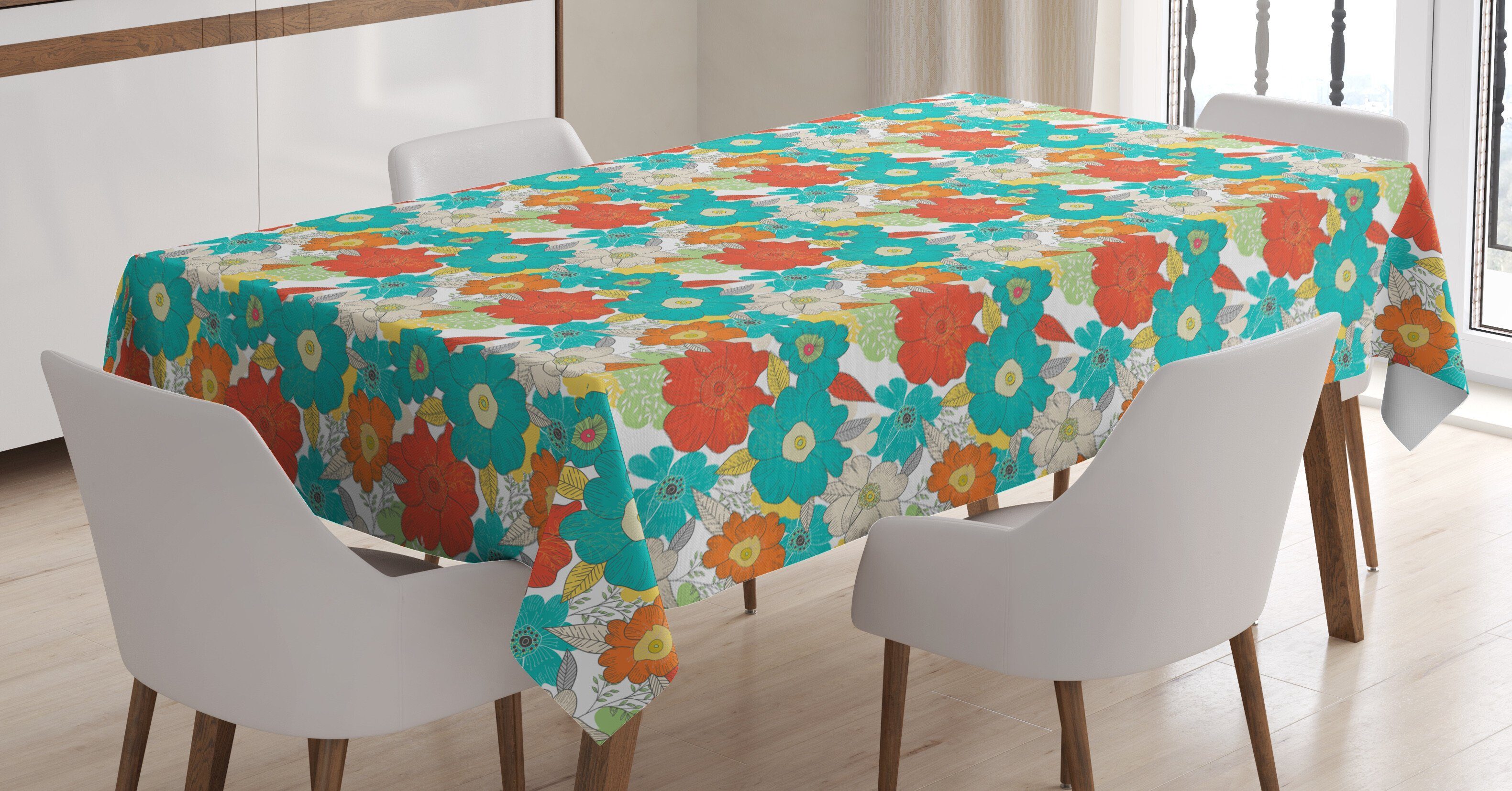 Waschbar Tischdecke Farbfest geeignet Bereich Außen Blumen Abakuhaus Frischer Für Farben, den Klare Frühling Doodle
