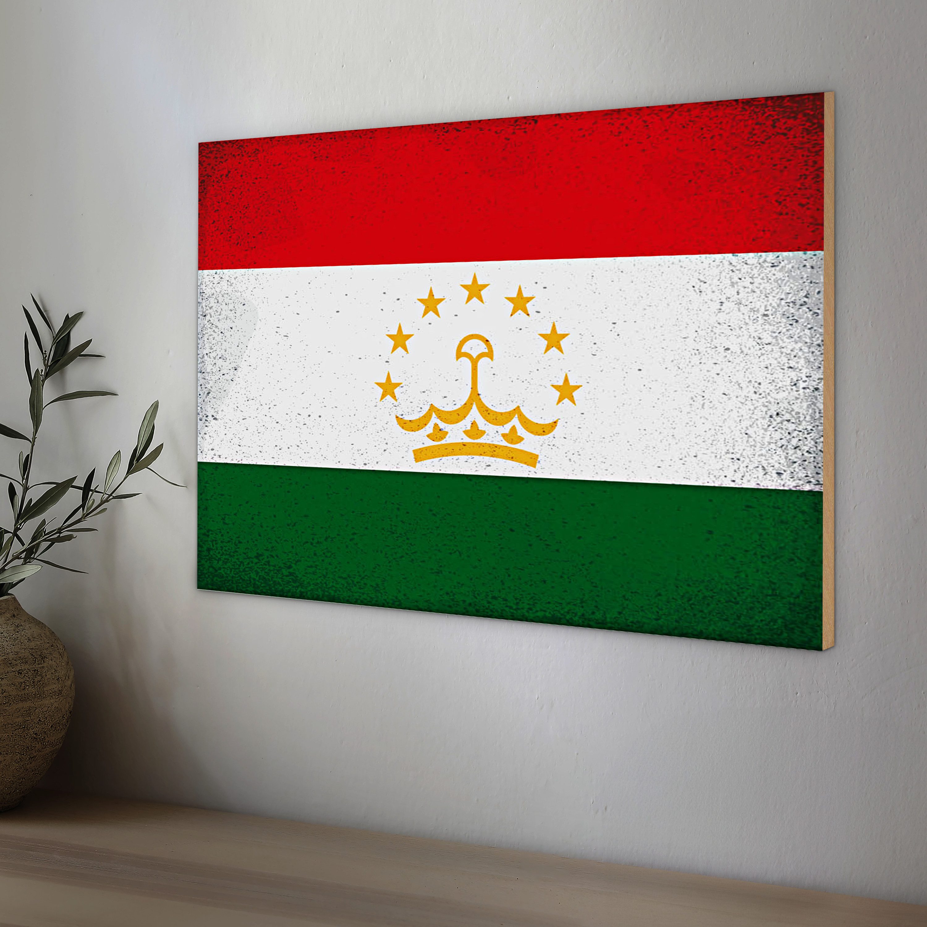 Roomando Holzbild Flagge Tadschikistan 40x30cm Tajikistan Vintage