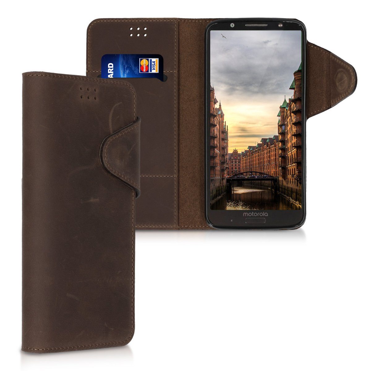 kalibri Handyhülle, Hülle kompatibel mit Motorola Moto G6 Plus - Leder  Handyhülle Handy Case Cover - Schutzhülle Lederhülle - Standfunktion  Kartenfächer