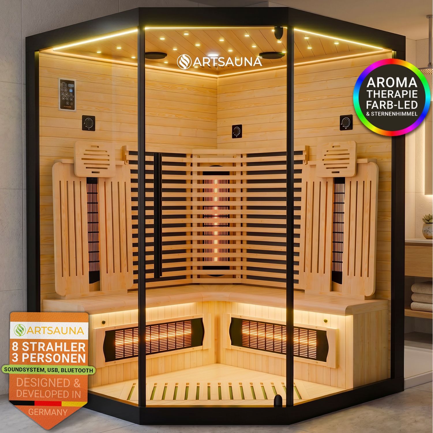 Artsauna Infrarotkabine Malmö140, BxTxH: 140 x 140 x 190 cm, Dual-Technik, Dimmbare Rückenstrahler, 3 Personen, LED-Beleuchtung