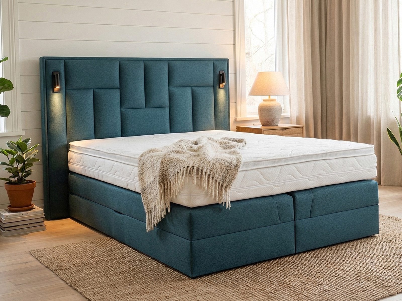 PAARA Boxspringbett mit LED Beleuchtung und Stauraum inkl. Matratze und Topper, mit innovativem Belüftungssystem