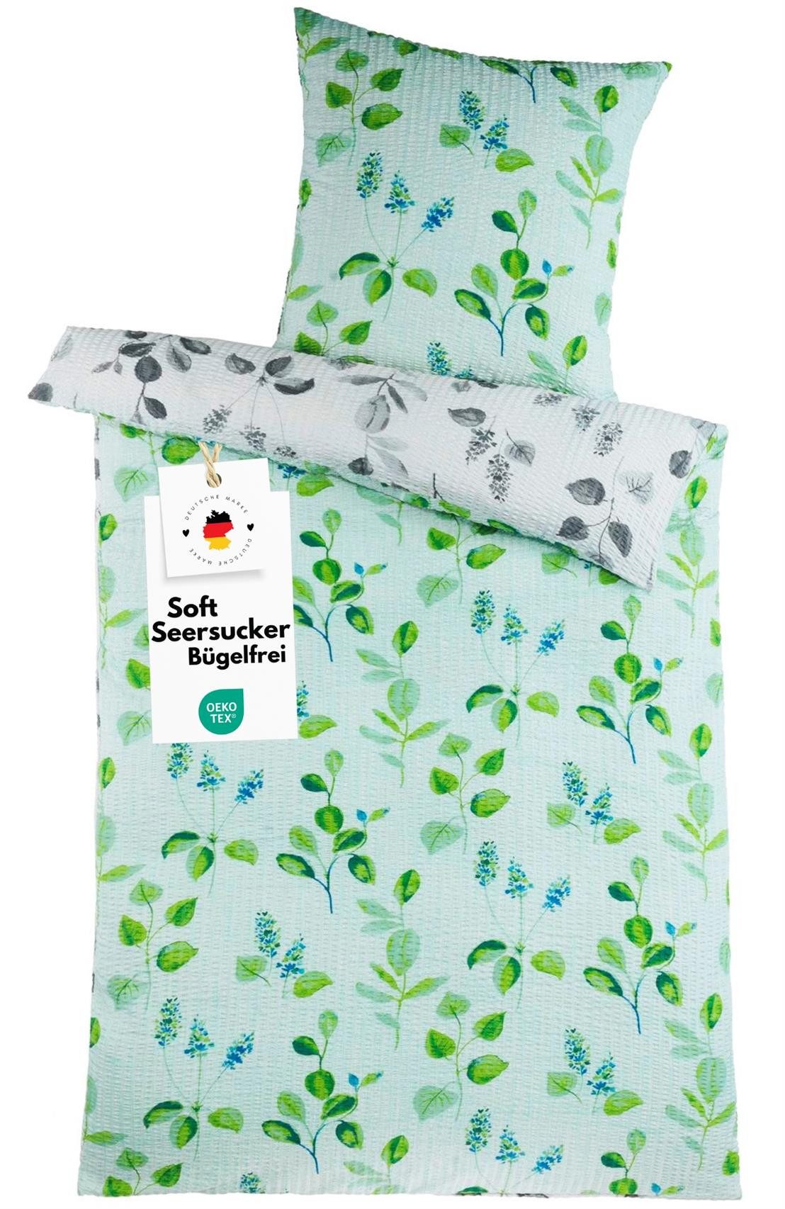 Carpe Sonno Bettwäsche Seersucker 135 x 200 Mikrofaser Sommer Bettwäsche Bügelfrei Leicht, Soft-Seersucker, 2 teilig, Florale Wendebettwäsche OEKO-TEX Grün Grau 135x200