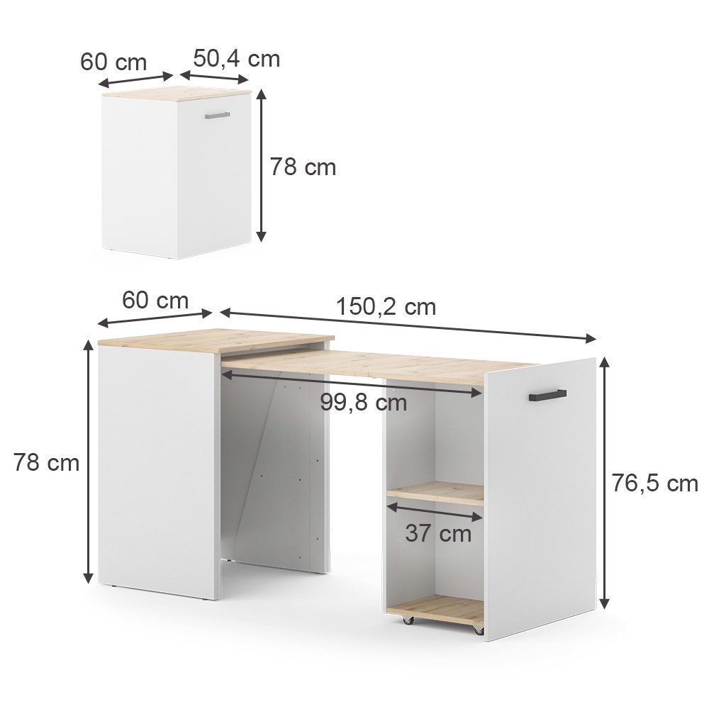 Vicco Schreibtisch Adam, Greige/Artisan-Eiche, 60 x 50.4 cm ausziehbar (1-St)