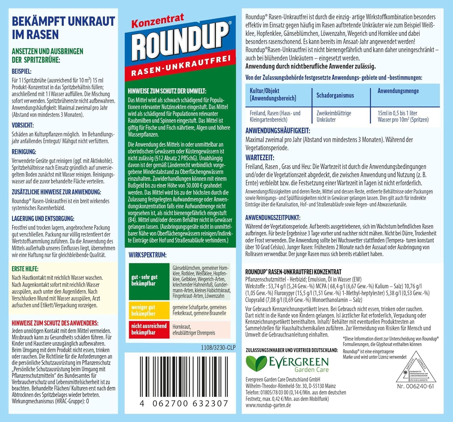 ROUNDUP Unkrautbekämpfungsmittel Roundup Rasen Unkrautfrei Konzentrat 500 ml