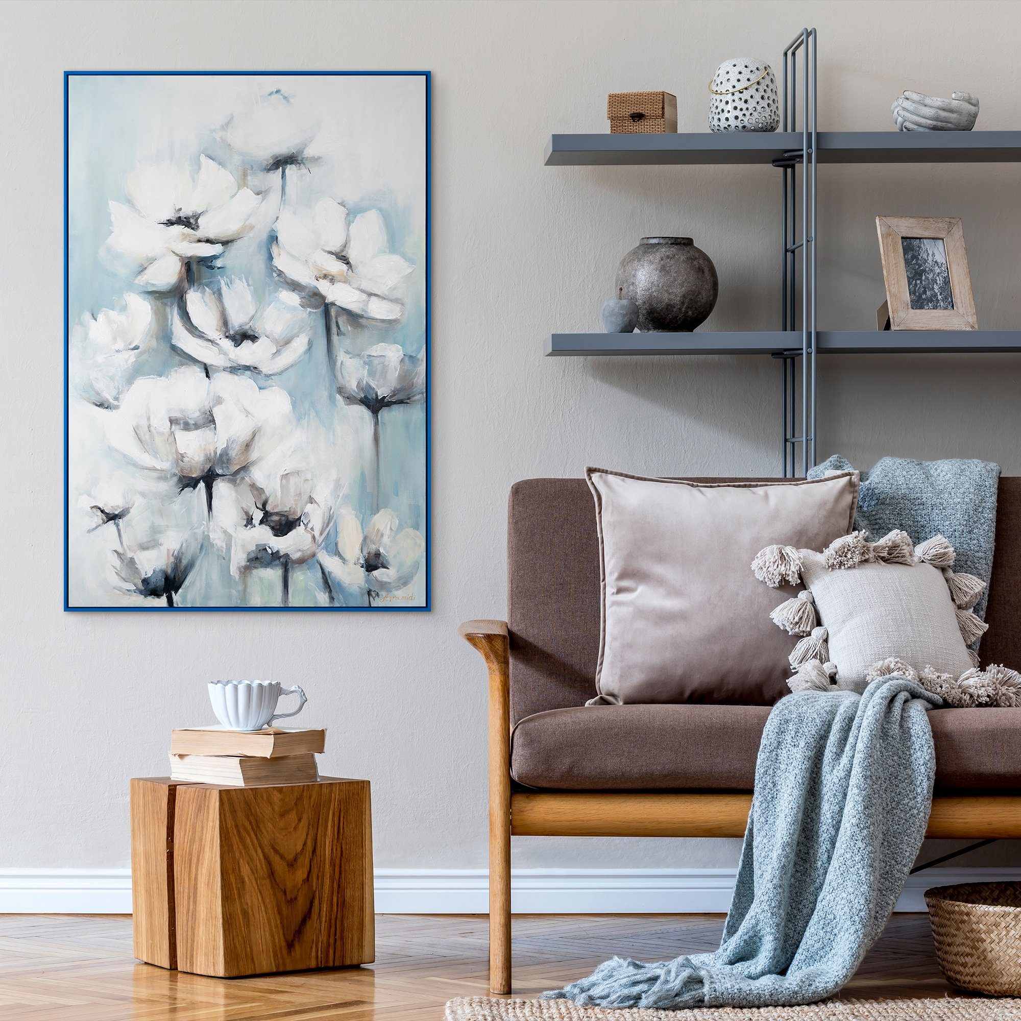 Rahmen Blau in Gemälde YS-Art Blumen Zärtlichkeit, Mit Blumige