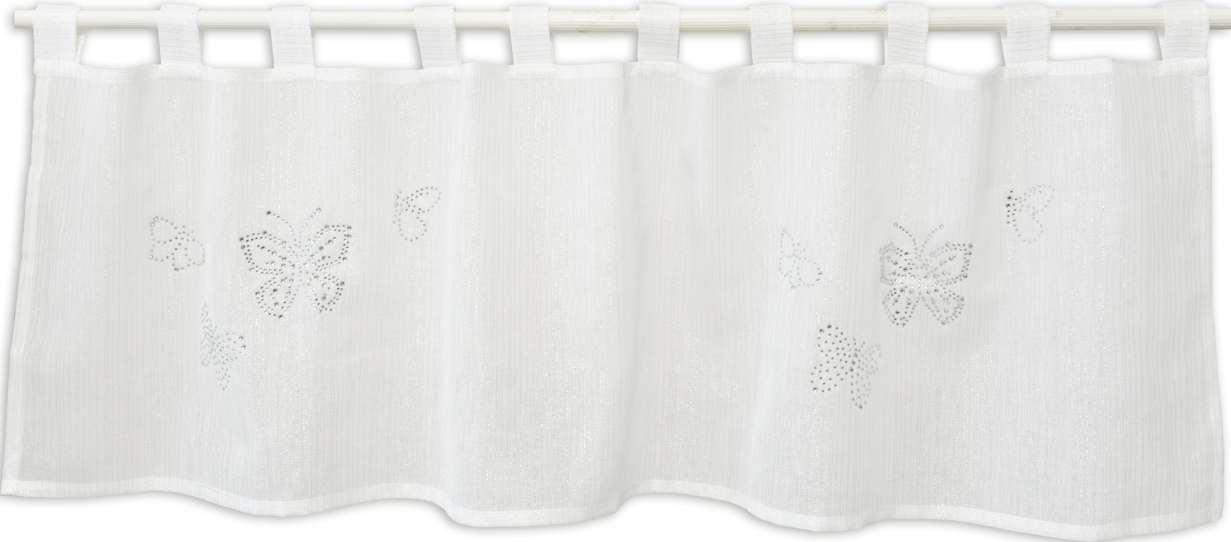 Scheibengardine Schlaufengardine Kurzgardine Scheibengardine Bistrogardine 2469 Schmetterlinge Weiß Silber 48x140 cm
