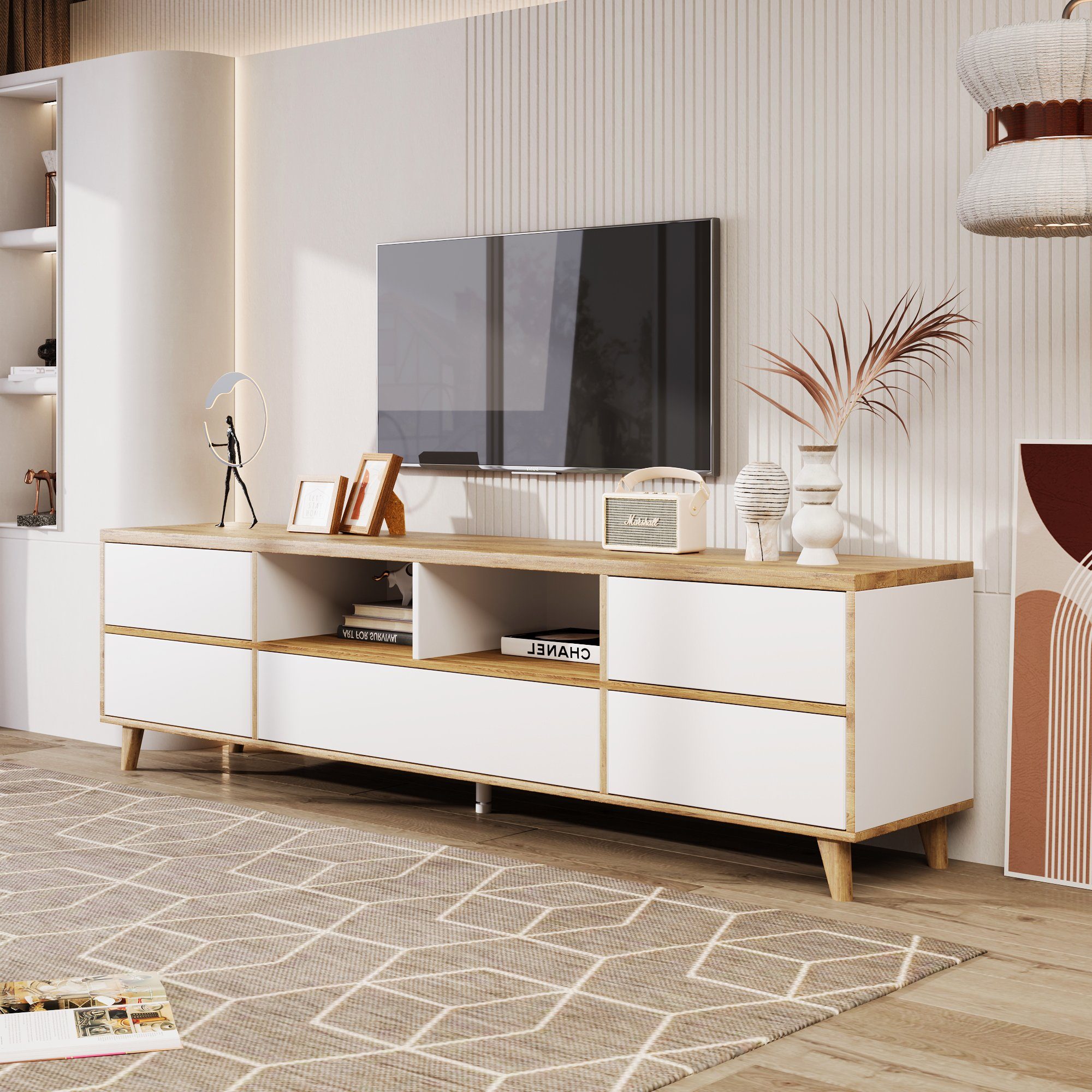 Odikalo TV-Schrank langer Schrank Lowboard mit Fächern Türen natürlich Landhausstil Weiß