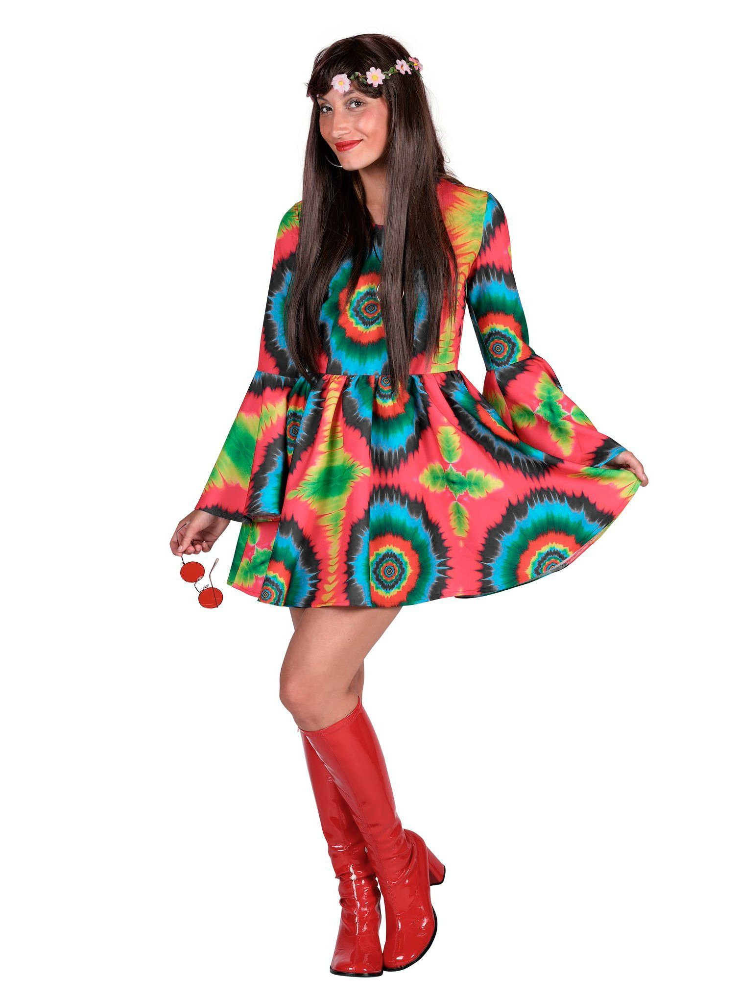 thetru Kostüm »Grelles Batikkleid Hippie«, Langärmeliges Mini-Kleid in  Batik-Optik