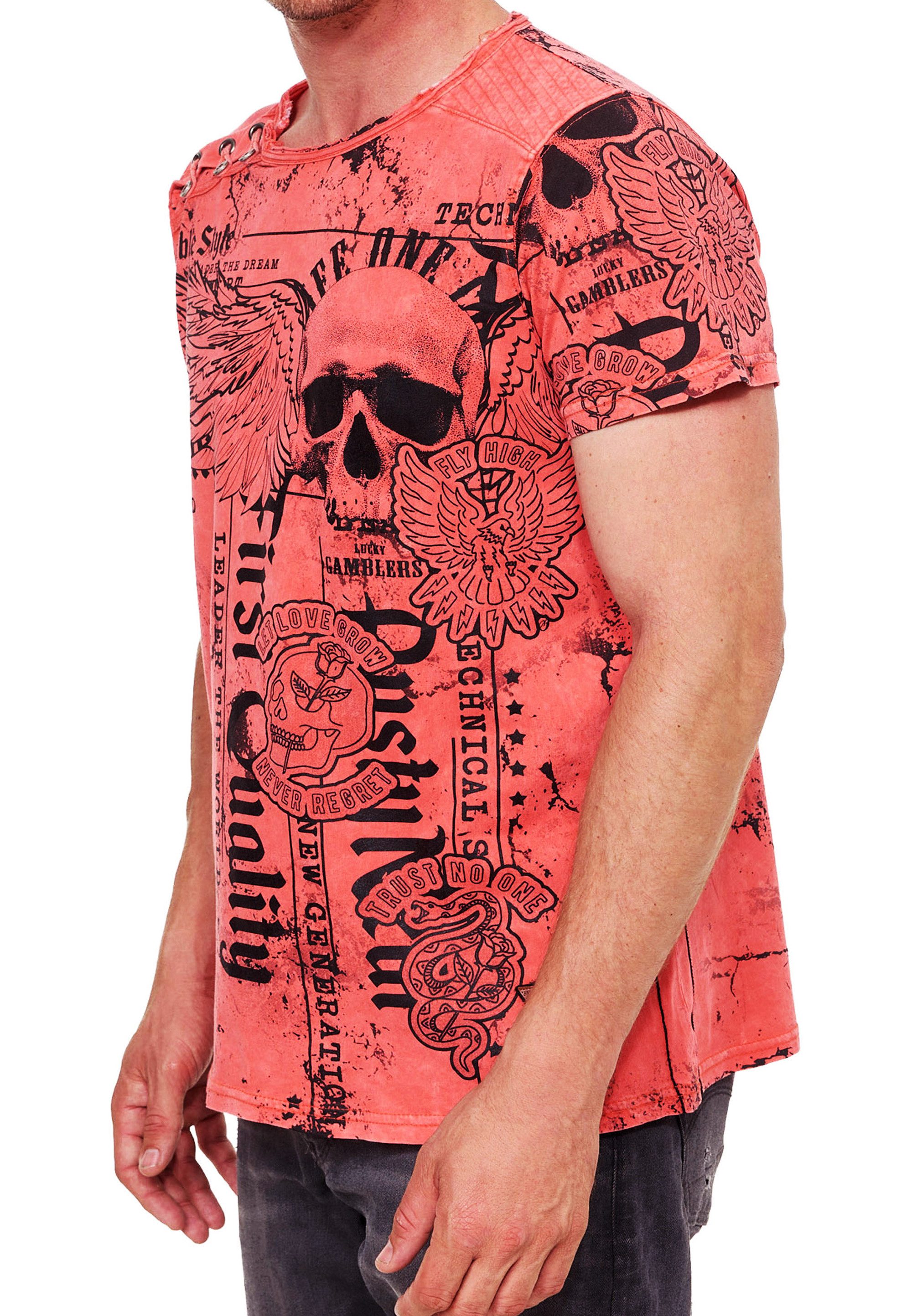R-NEAL T-Shirt Skull Print Oil Washed günstig online kaufen