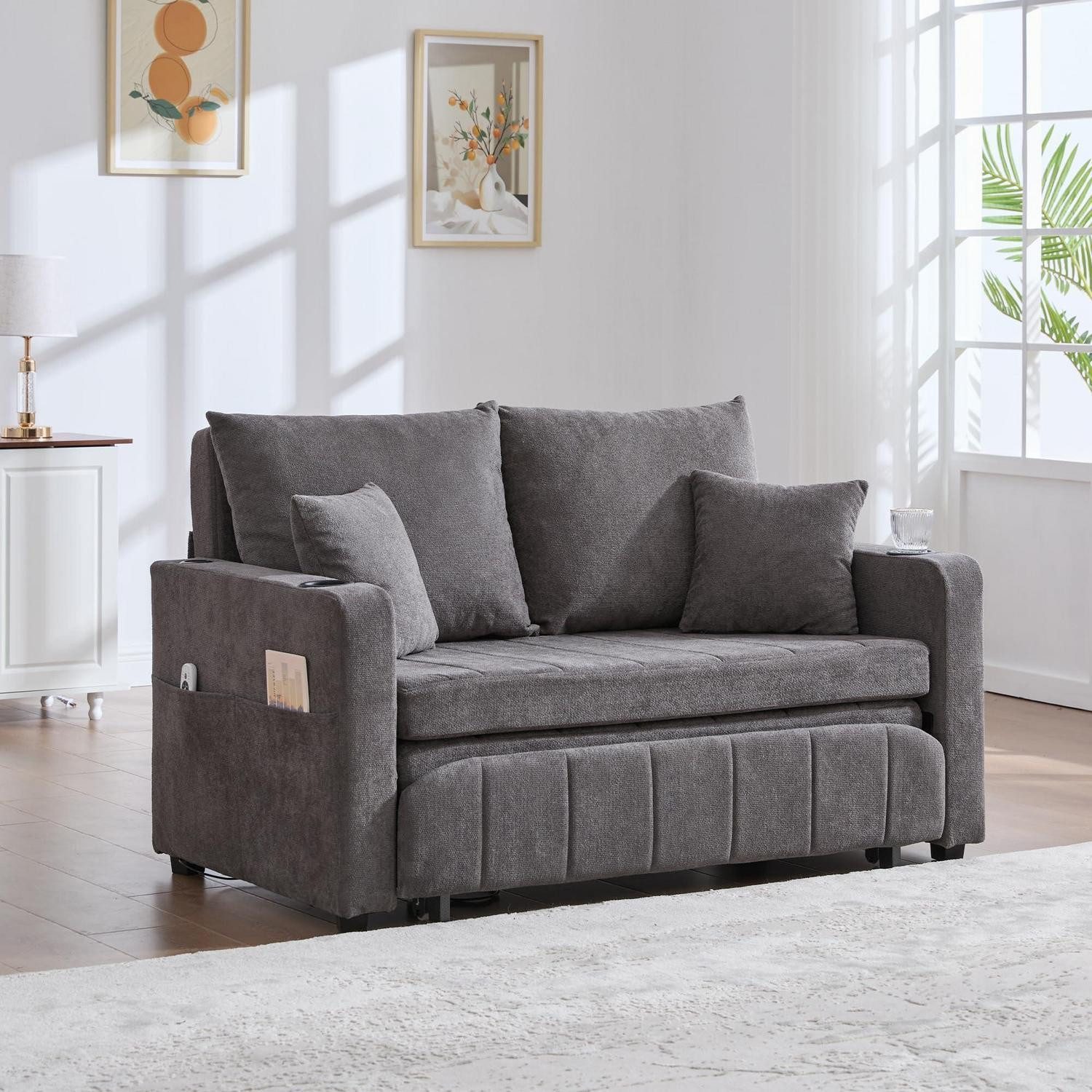LuxusKollektion Schlafsofa Zweisitzer Sofa Schlafcouch ausziehbar Becherhalter Grau, Schlaf Couch