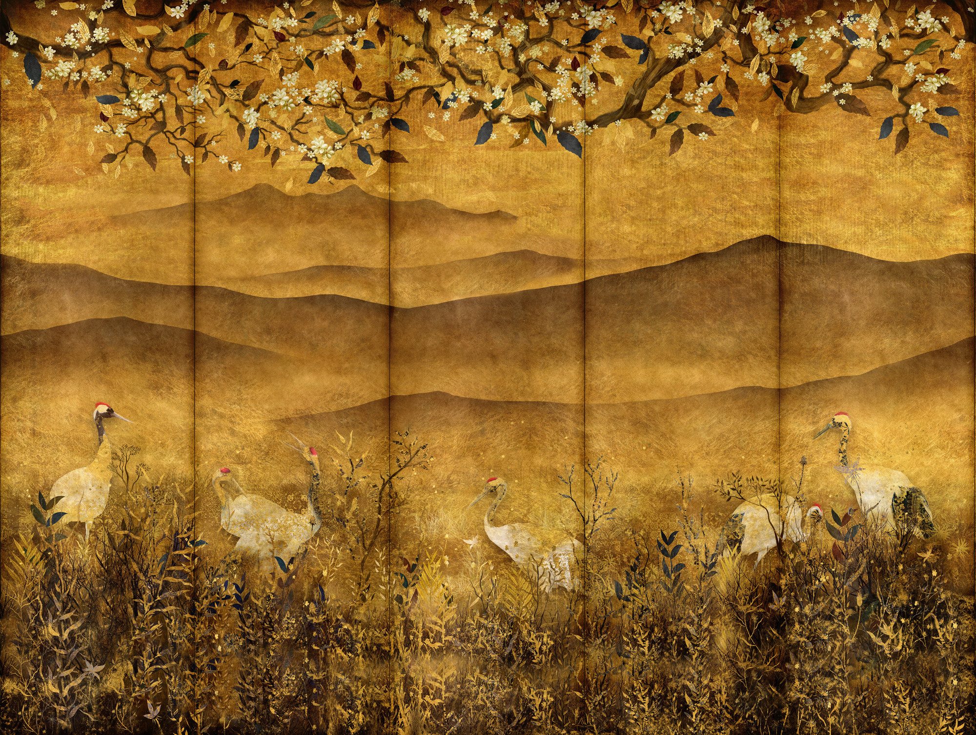 living walls Fototapete The Wall 4 Flowers – Goldene Berge mit Blüten und Vögeln Fototapete, leicht strukturiert, floral, matt, botanisch, (1 St), Goldene Berge mit Blüten und Vögeln – atmosphärischer Tiefe