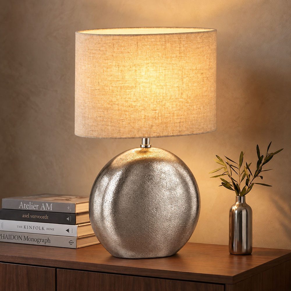 FISCHER & HONSEL Nachttischlampe, Leuchtmittel nicht inklusive, Tischleuchte Metall Silber Antik mit Stoffschirm Tischlampe Höhe 53 cm