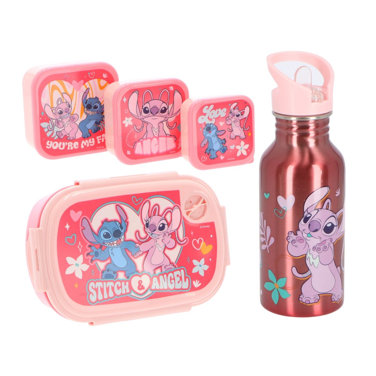 Textiel Trade B.V. Lunchbox Disney Lilo & Stitch Lunchpaket 5-tlg. Brotdose Trinkflasche Snackbox, Multicomposition, (4x Brotdose, 1x Flasche)