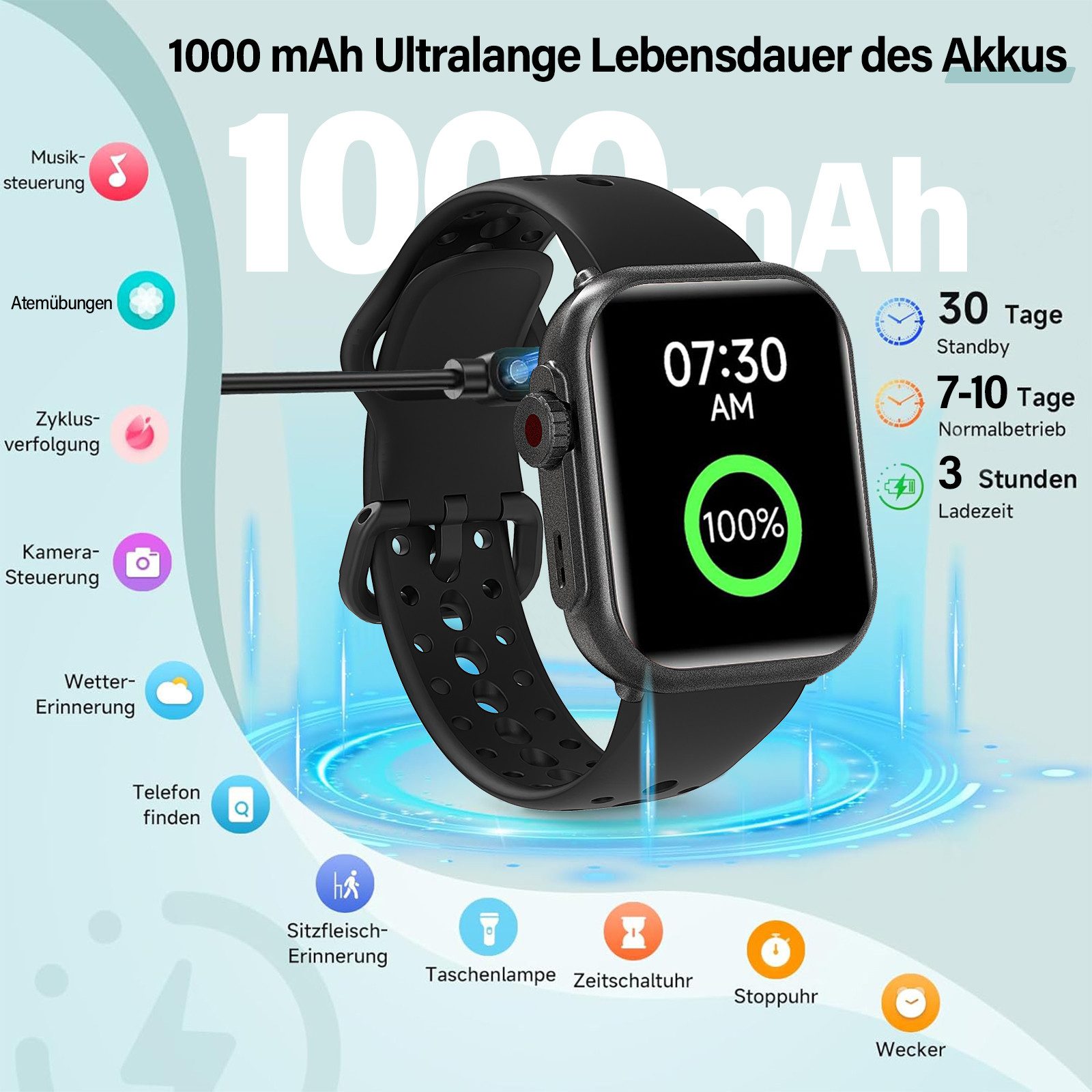 ANYSUN Smartwatch Damen Herren mit 1000mAh Akku, Smartwatch (4.65 cm/1,83 Zoll) Fitness Tracker Uhr für Damen Herren 30 Tage Ultralange Standby, 24H Telefonfunktion/Herzfrequenz/SpO2/Schlaf,100+Sportmodi Android iOS