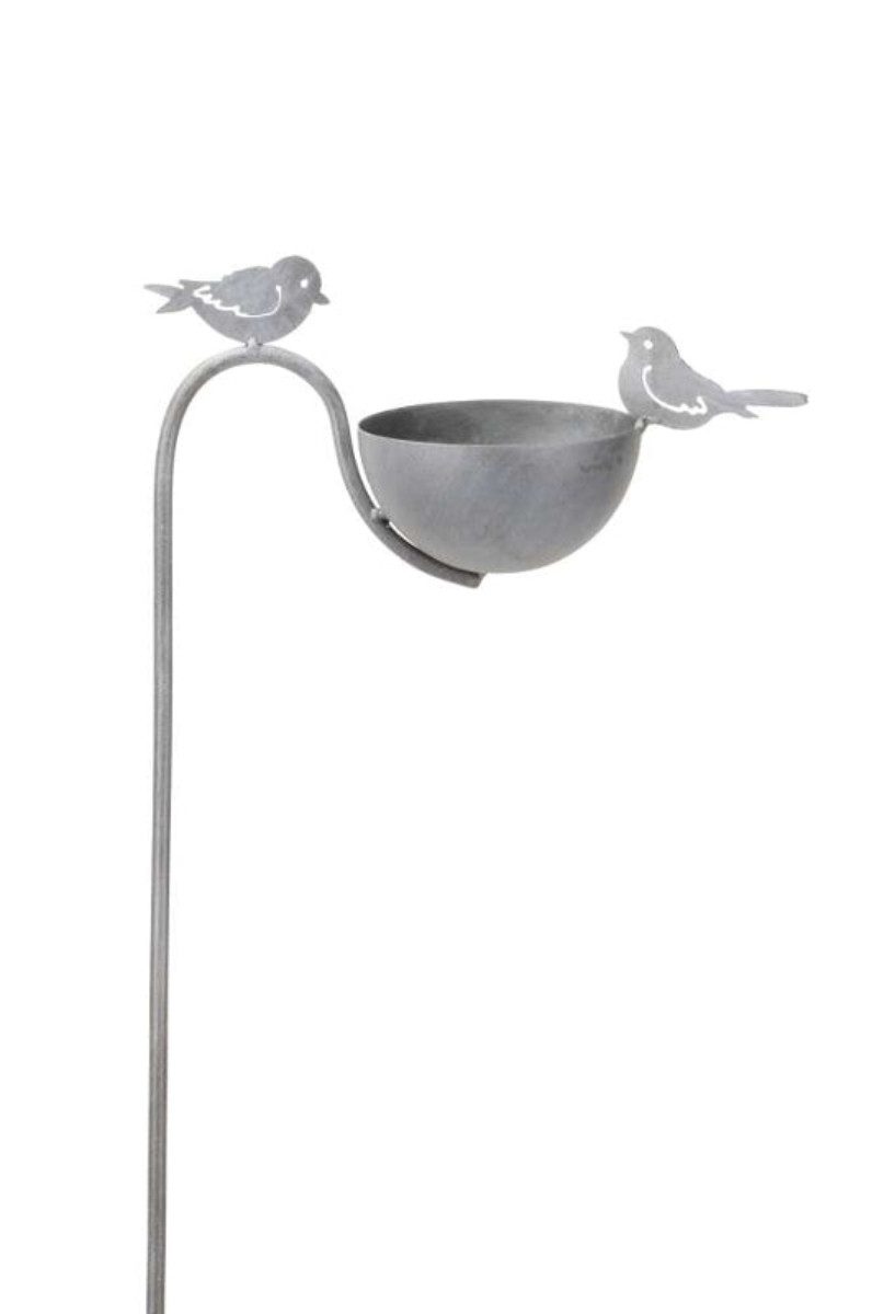 finehomegarden Gartenstecker Vogeltränke Vogel Futterplatz 2Vögel Metall grau Ø27x12cm H118cm (1-St) Futterstation Vogelbad Garten Rankstab / Paket