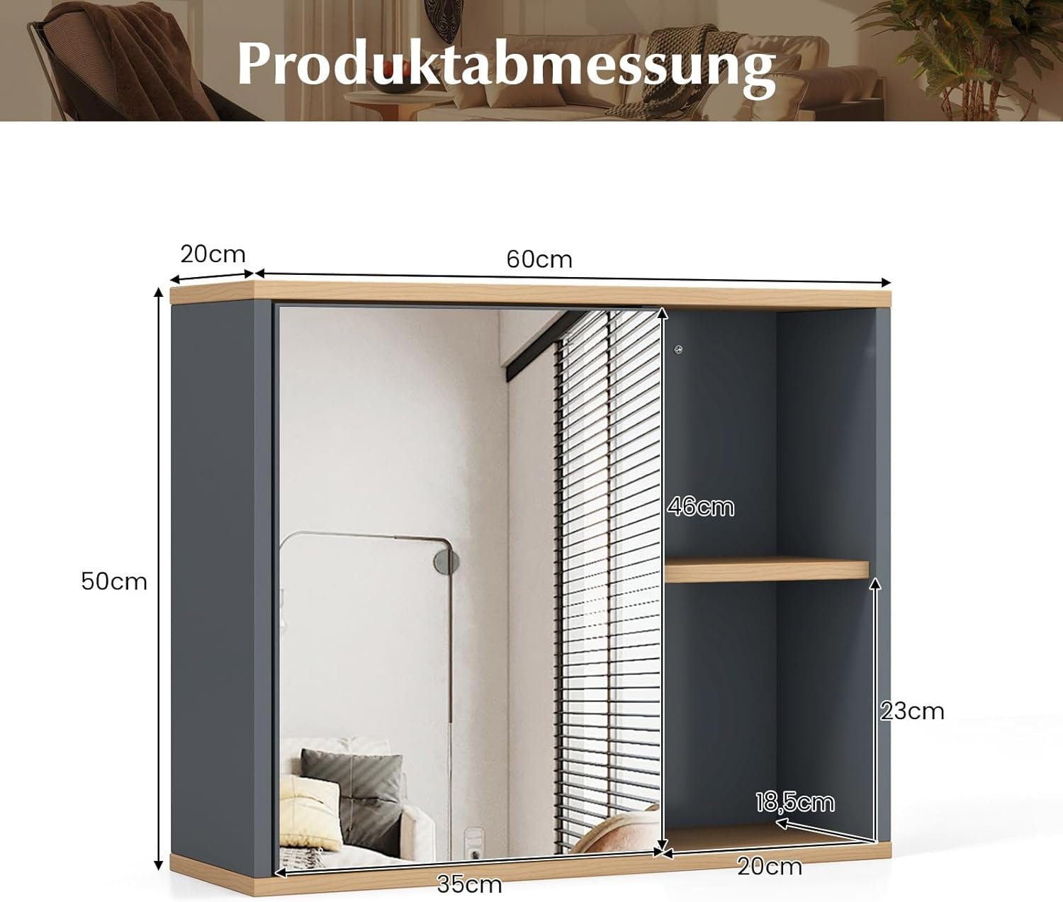 Spiegel & 60 Wandschrank KOMFOTTEU Tür, Spiegelschrank 20 50cm mit × ×