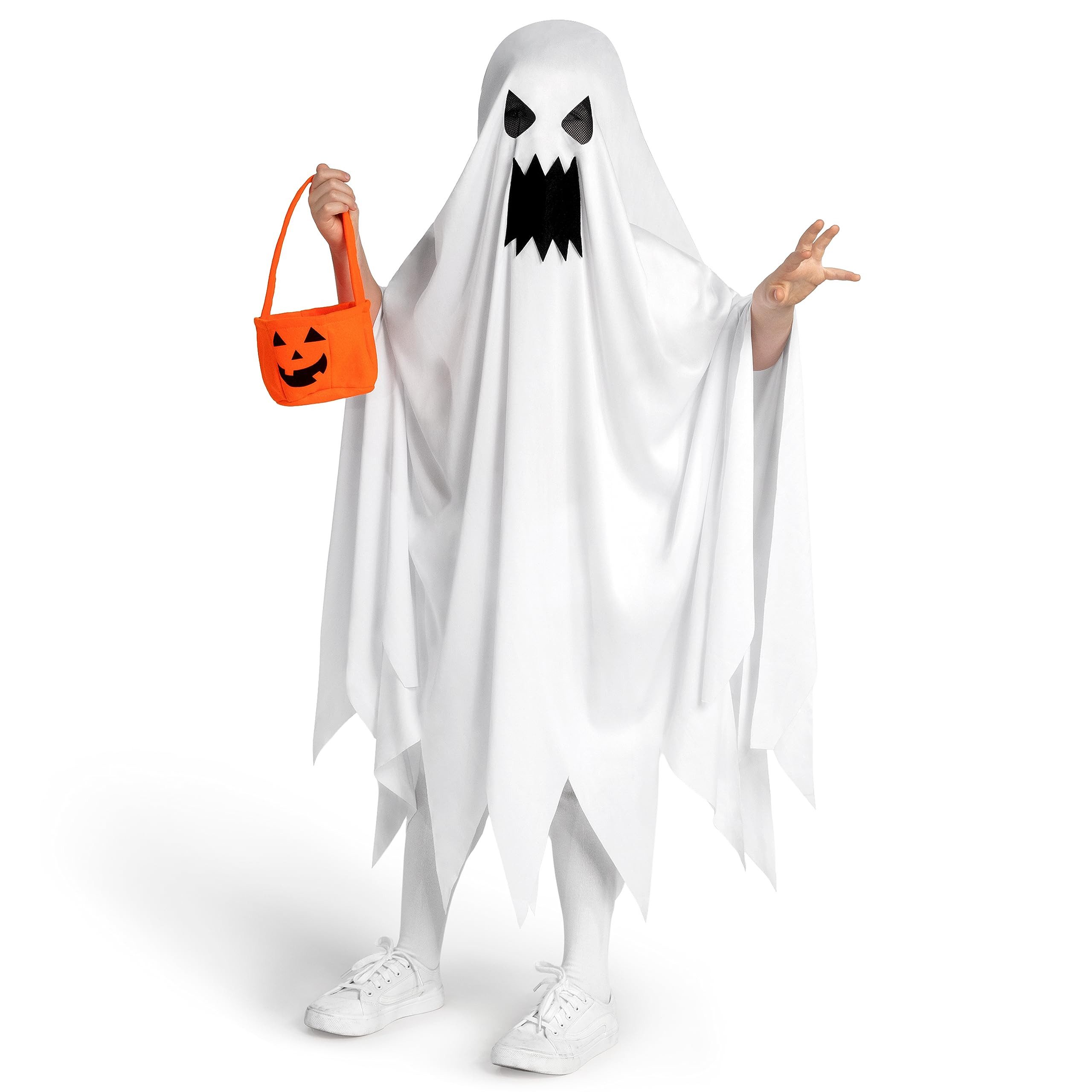 nsihing Kostüm Weißem Umhang,Kinder Halloween-Geisterkostüm mit Kürbistasche, für Jungen, Mädchen-Halloween-Verkleidung, Rollenspiel