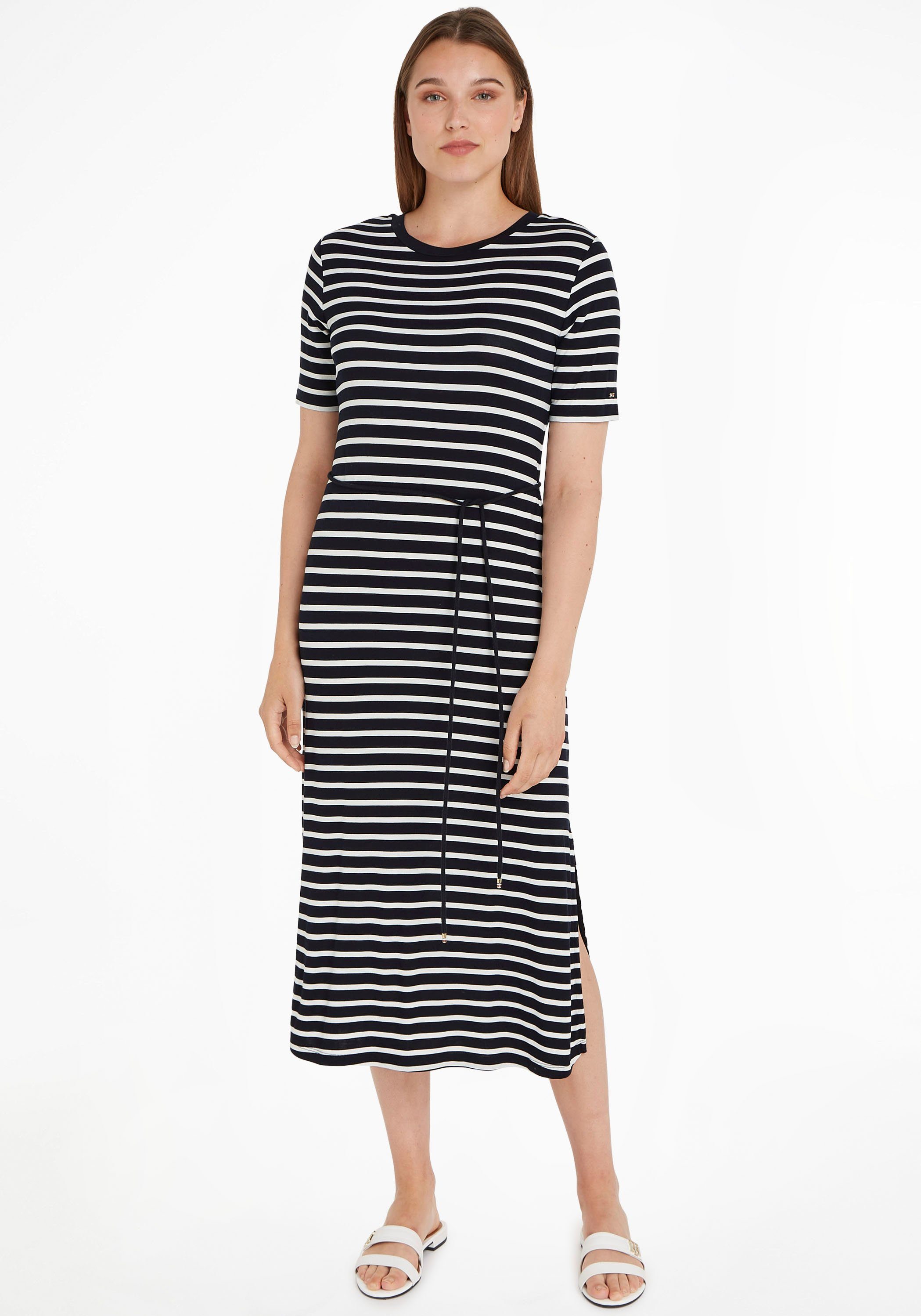 SS der O-NK an STRIPE Tommy MIDI dezenter Hilfiger Binde-Kordel DRS Shirtkleid Taille REG mit