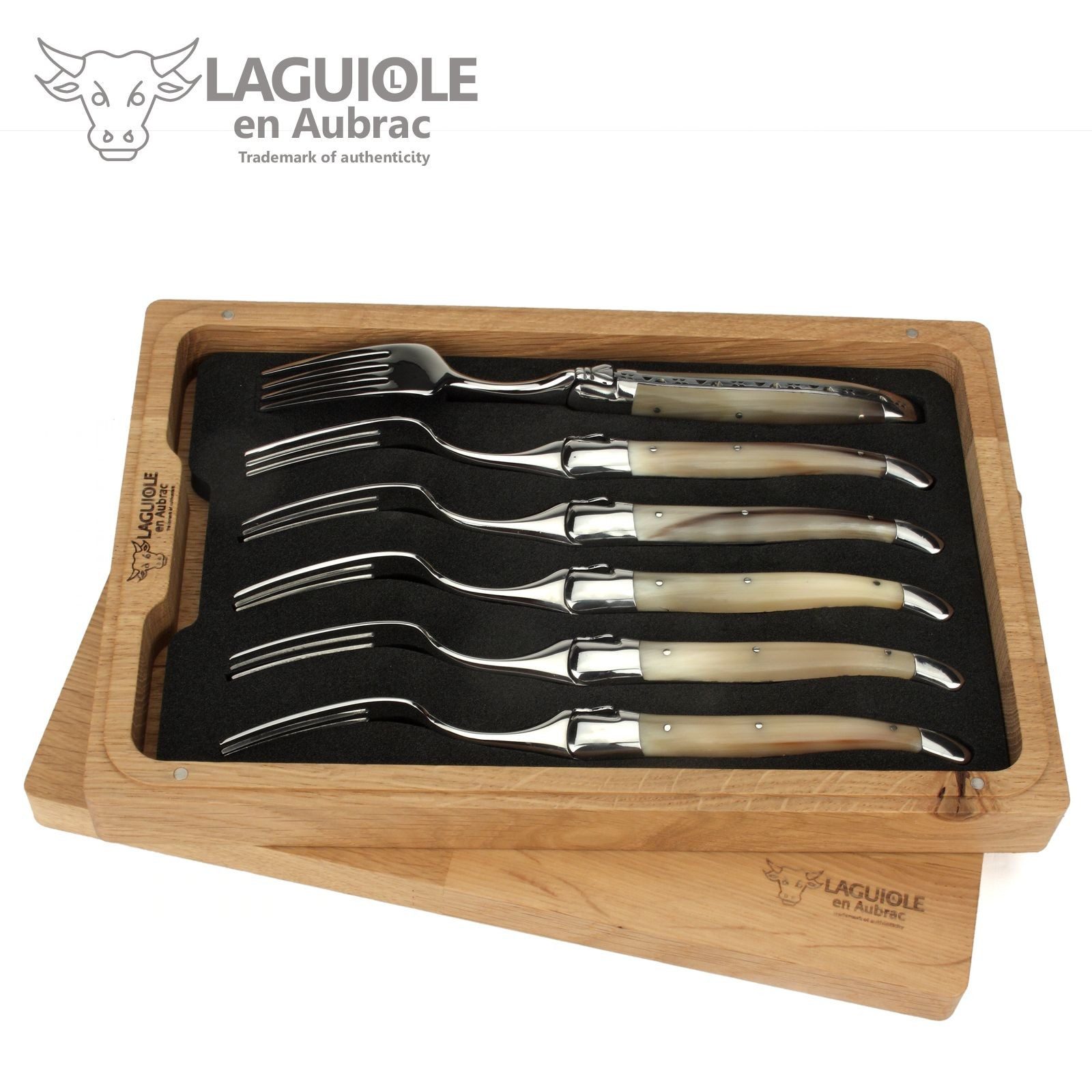 Laguiole en Aubrac Steakbesteck 62F99PCIF-N, 6 Gabeln - Griff Hornspitze - Backen und Gabelteil Stahl glänzend