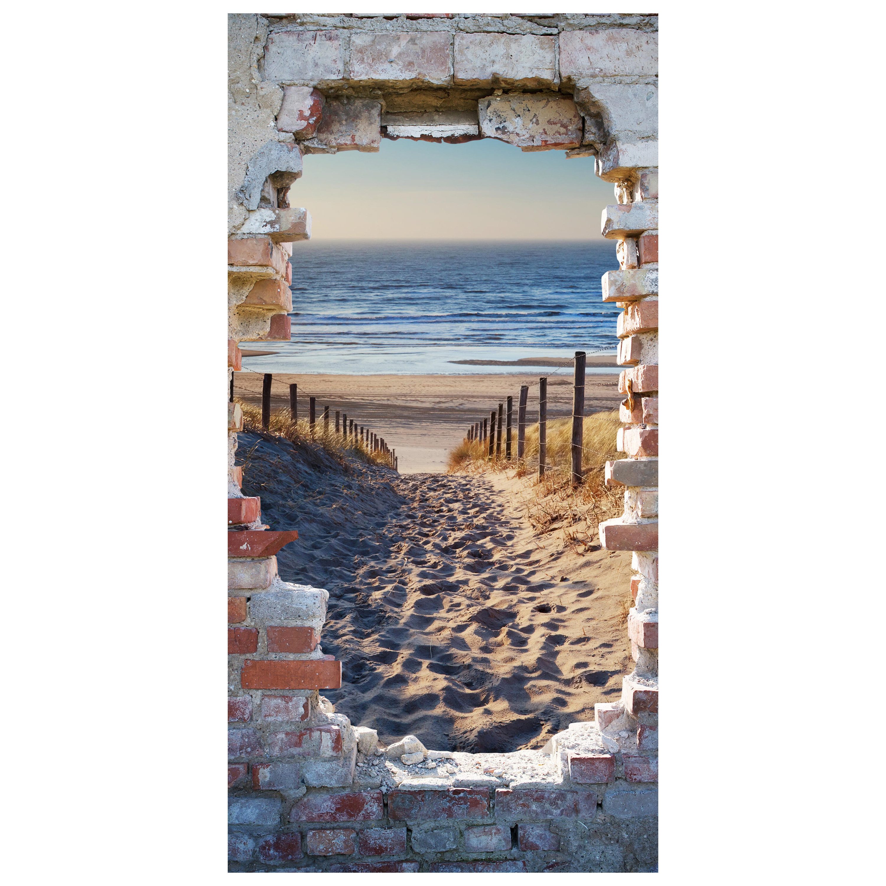 wandmotiv24 Türtapete 3D Steinwand, Weg zum Strand, Meer, glatt, Fototapete, Wandtapete, Motivtapete, matt, selbstklebende Dekorfolie